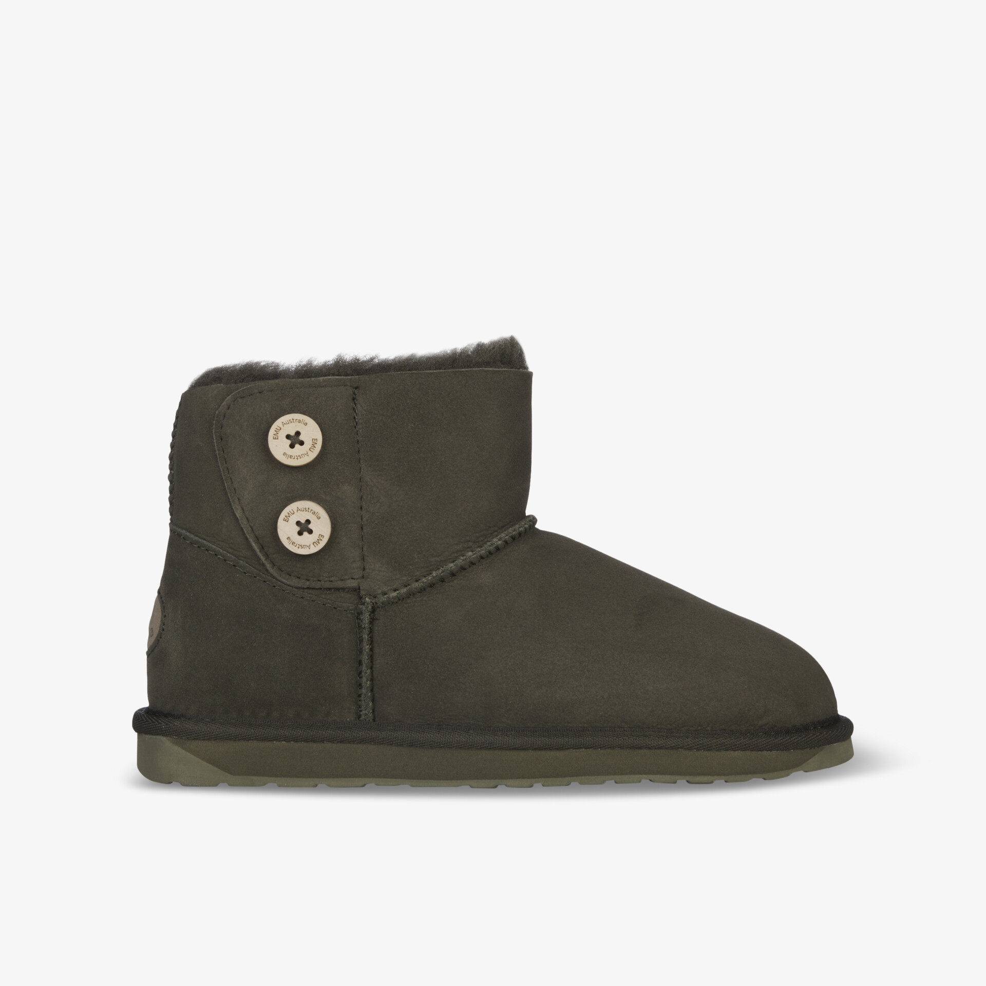 Warmer Winterstiefel mit weichem Innenfutter und zwei Knöpfen, bequeme Passform, grüne Farbe, seitliche Ansicht