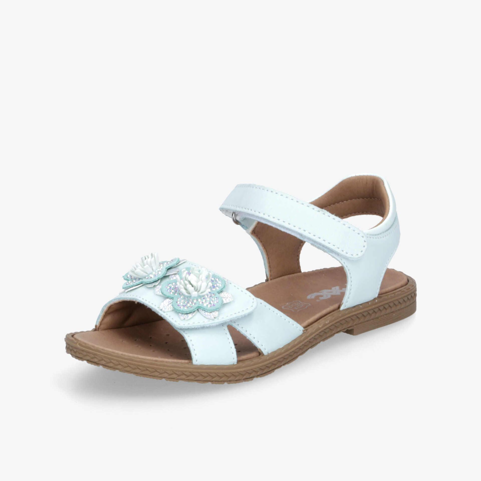 Weiße Sandale mit verstellbarem Riemen, dekorativer Blume und bequemem Fußbett für angenehmes Tragegefühl