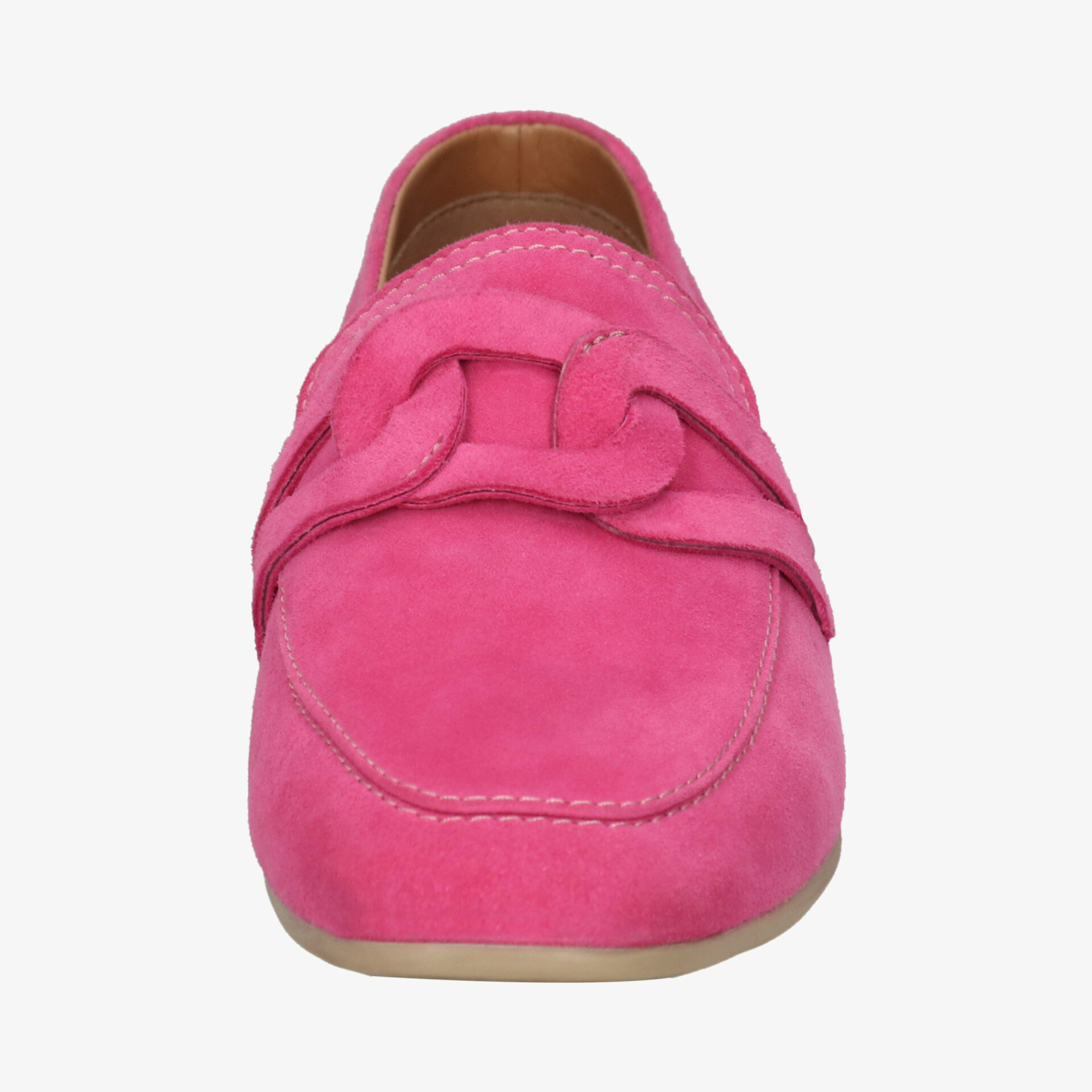 Rosa Veloursleder Loafer mit eleganter Naht und bequemer Passform in Frontansicht