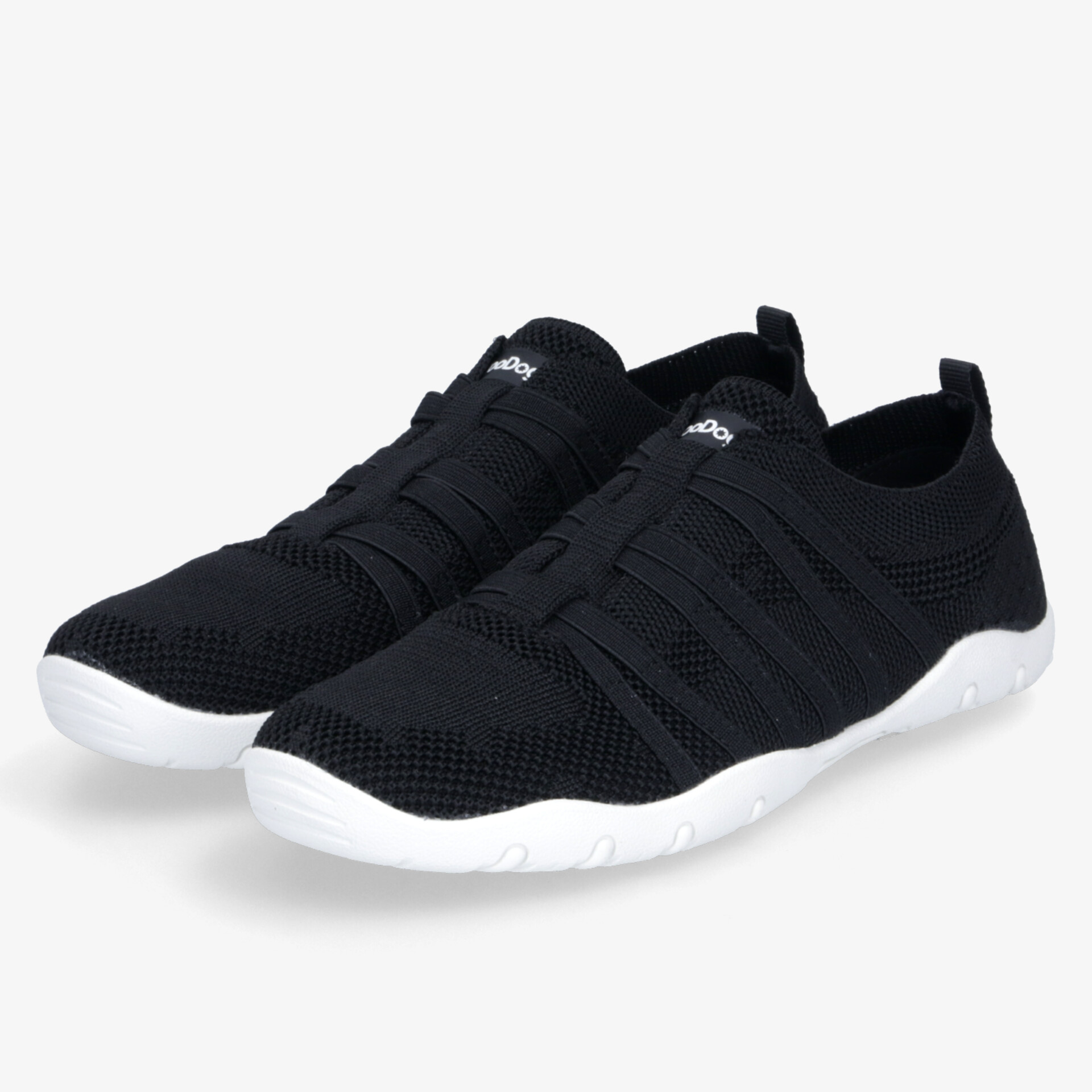 Leichte, flexible schwarze Sneaker mit weißer, rutschfester Sohle und atmungsaktivem, elastischem Material