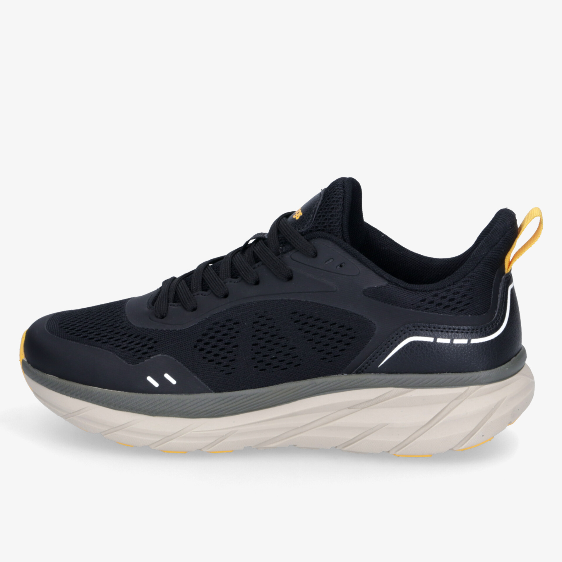 Moderner schwarzer Sportschuh seitliche Ansicht mit komfortabler, flexibler Sohle und atmungsaktivem Material