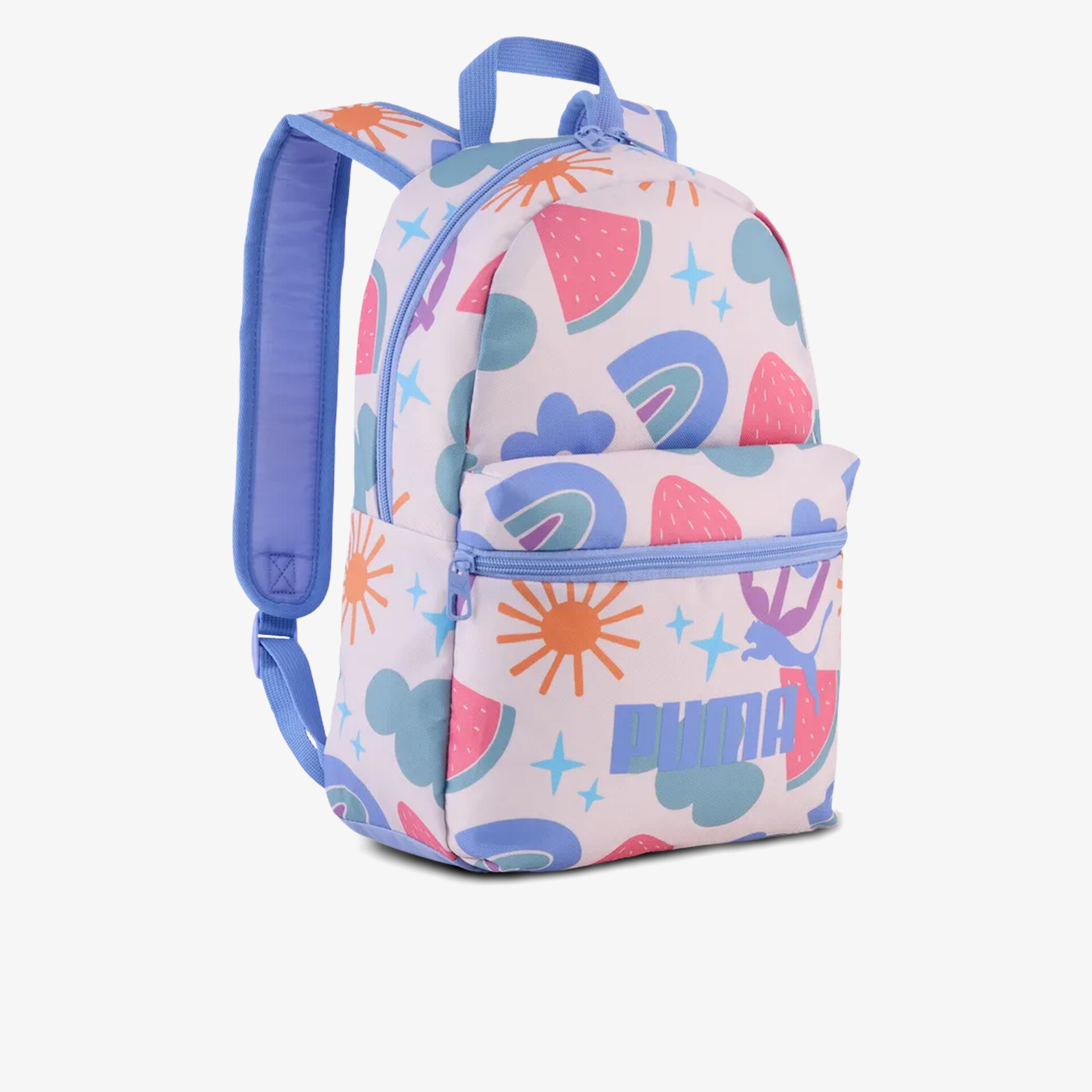 Moderner bunter Rucksack mit fröhlichem Muster und gepolsterten Trägern für komfortables Tragen