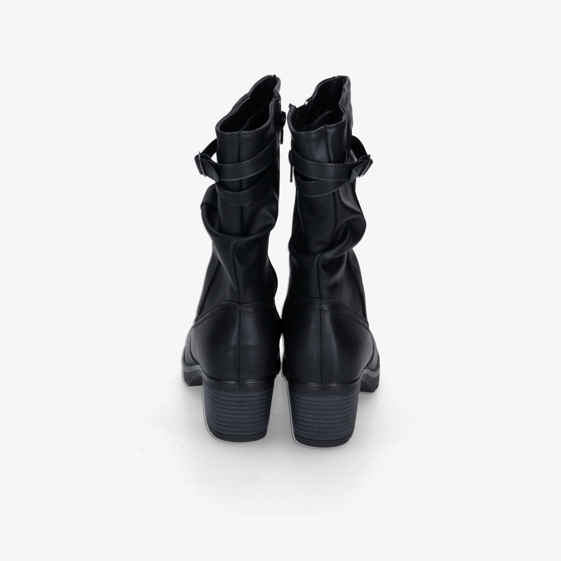 Schwarze Stiefel aus Leder mit mittelhohem Absatz und seitlichem Reißverschluss, Rückansicht