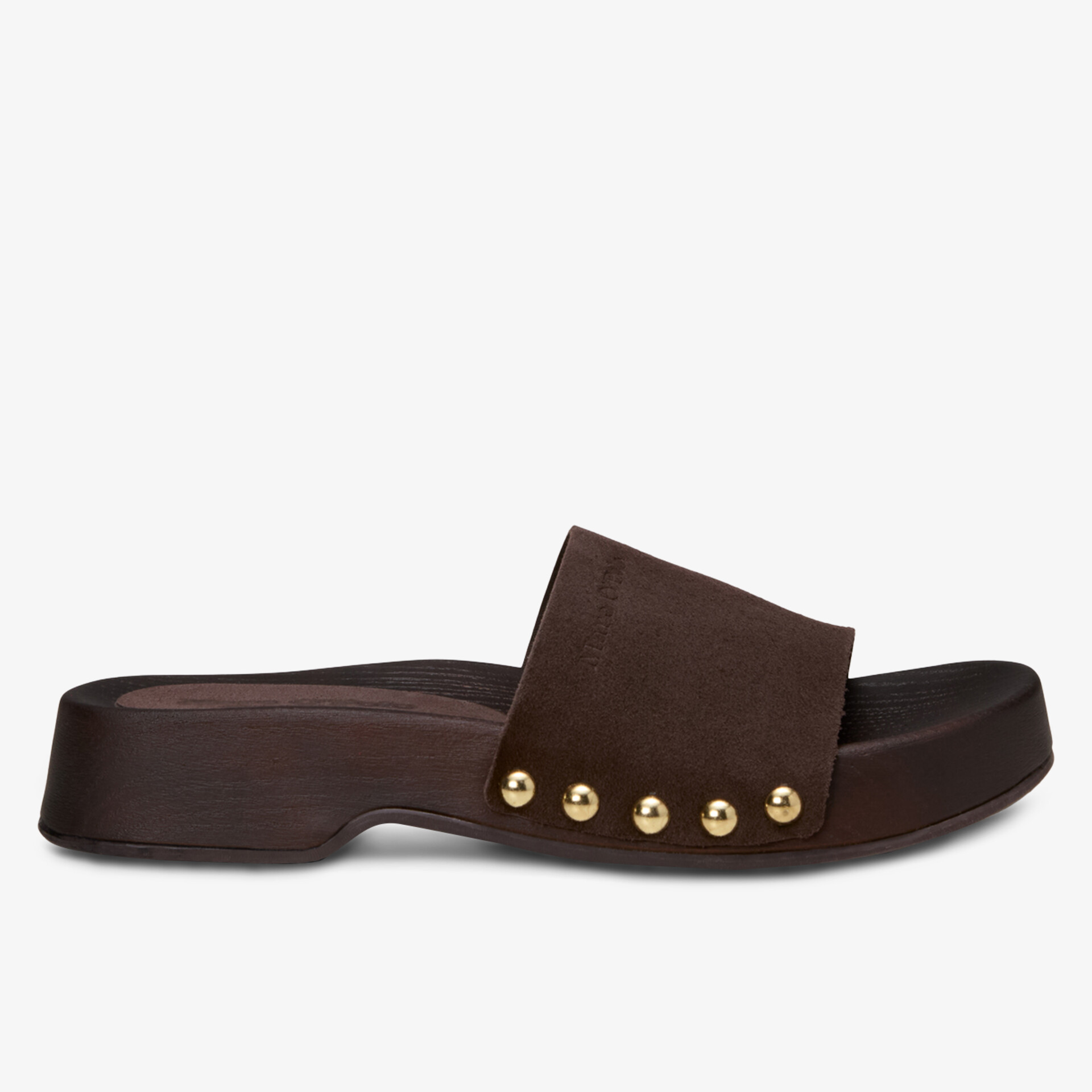Brauner flacher Slide mit Goldnieten und offenem Zehenbereich, bequemer lässiger Schuh