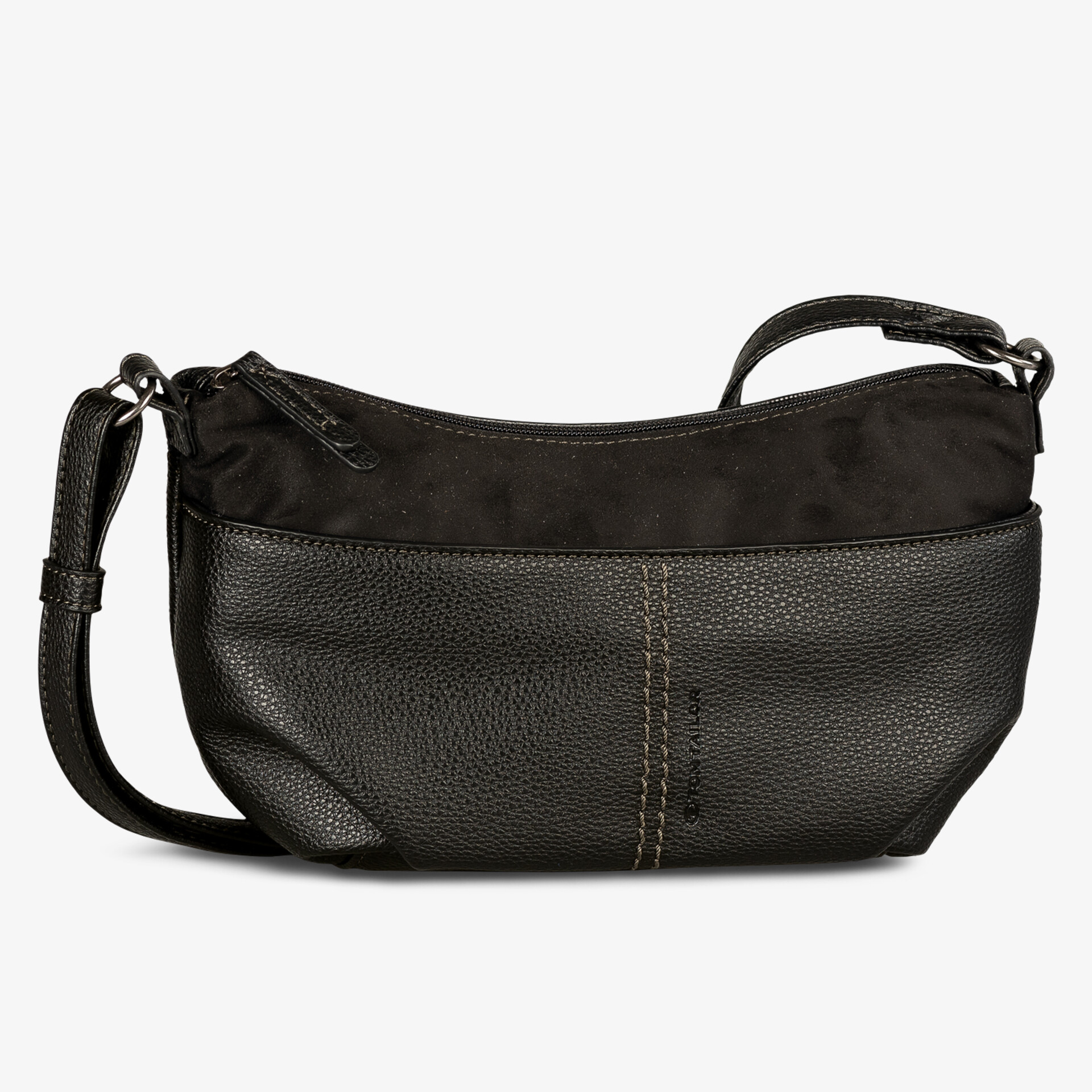 Kompakte schwarze Umhängetasche aus strapazierfähigem Leder mit verstellbarem Riemen und minimalistischer Naht