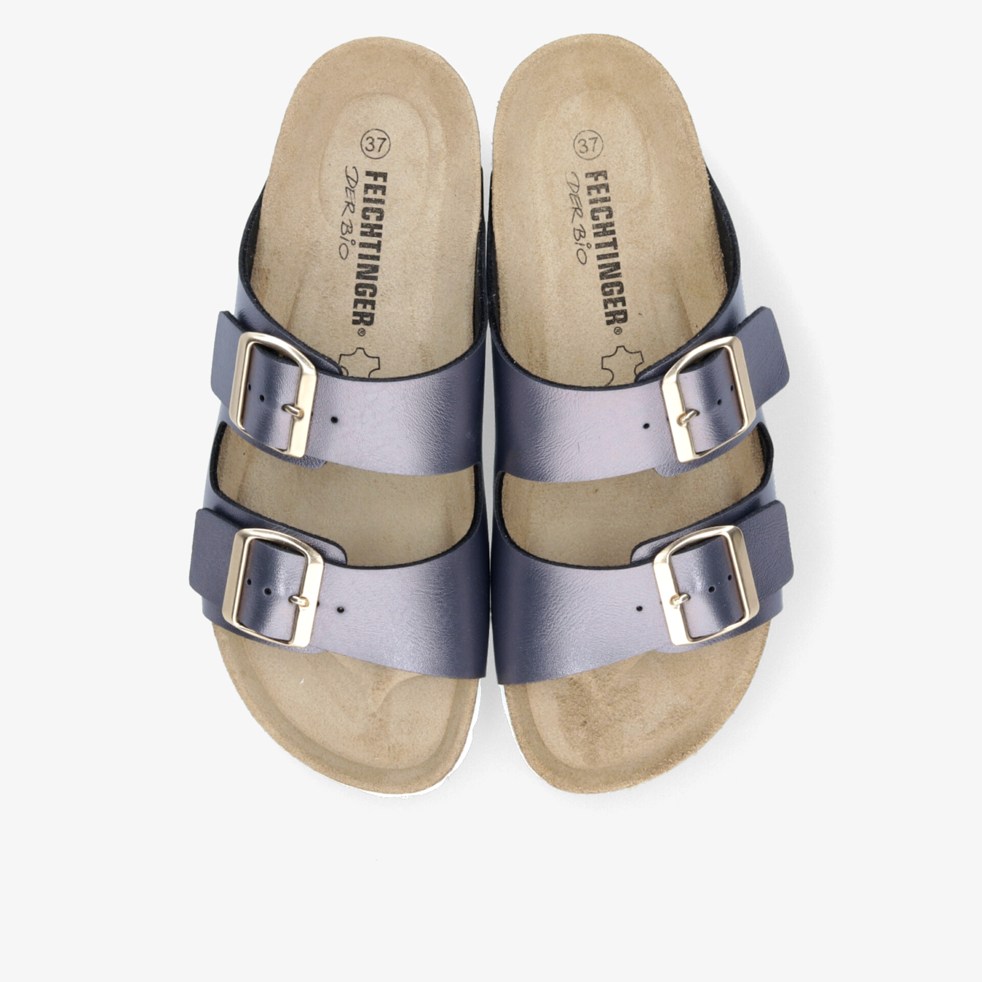 Bequemes Paar metallicblaue Sandalen mit verstellbaren Schnallen und gepolstertem Fußbett, ideal für komfortablen Halt