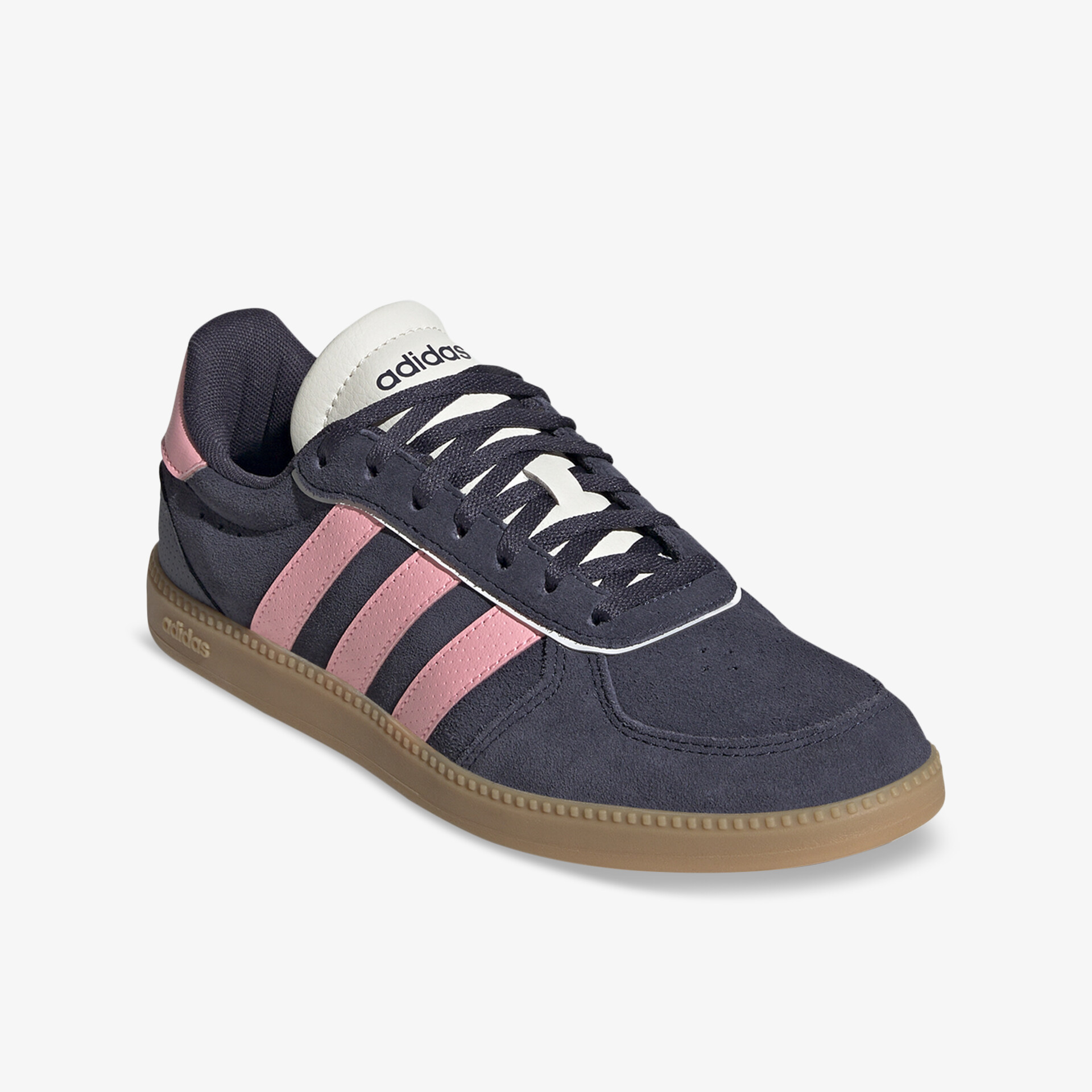 Dunkelblauer Sneaker mit rosa Streifen und brauner Sohle, sportlich und bequem, seitliche Ansicht