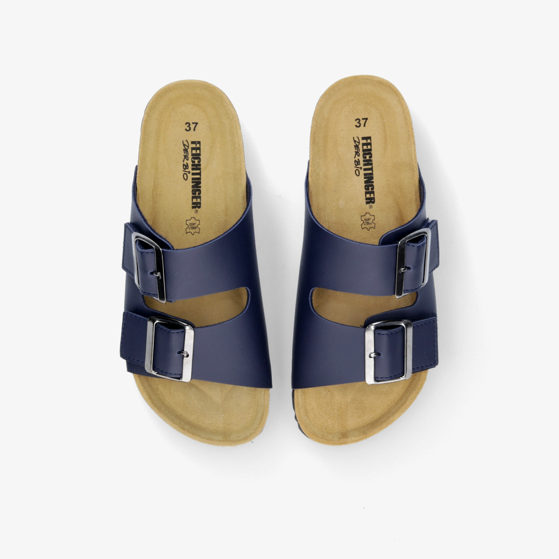 Obere Draufsicht auf blaue Sandalen mit Doppelriemen und verstellbaren Schnallen für bequemen Sitz und Komfort