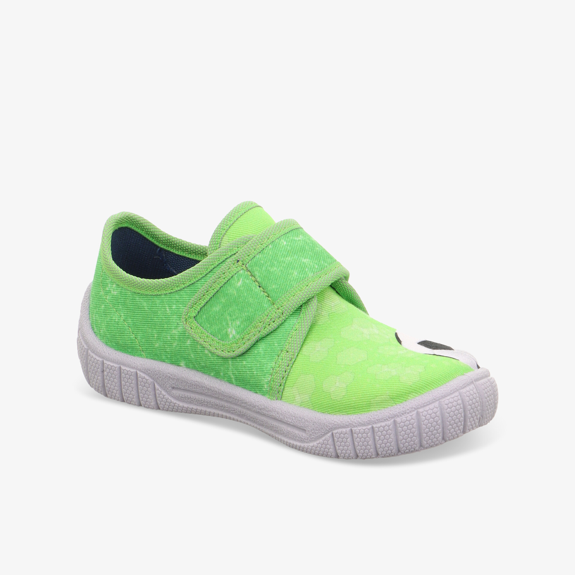 Grüner Kinderschuh mit Klettverschluss, flexible und rutschfeste Sohle, weiches und leichtes Material für hohen Tragekomfort