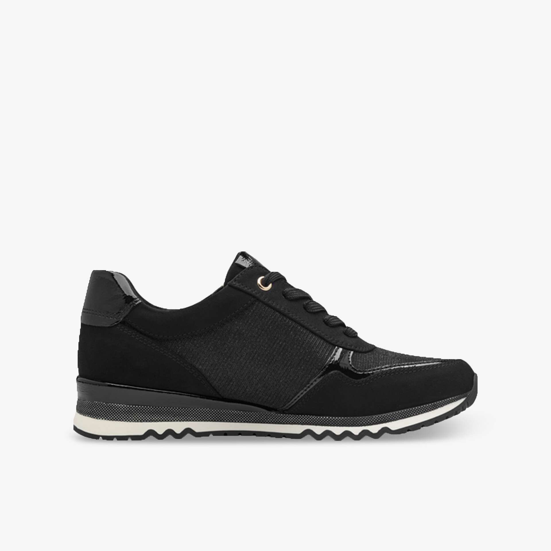 Seitliche Ansicht eines schwarzen, sportlichen Sneakers mit rutschfester Sohle und bequemer Passform