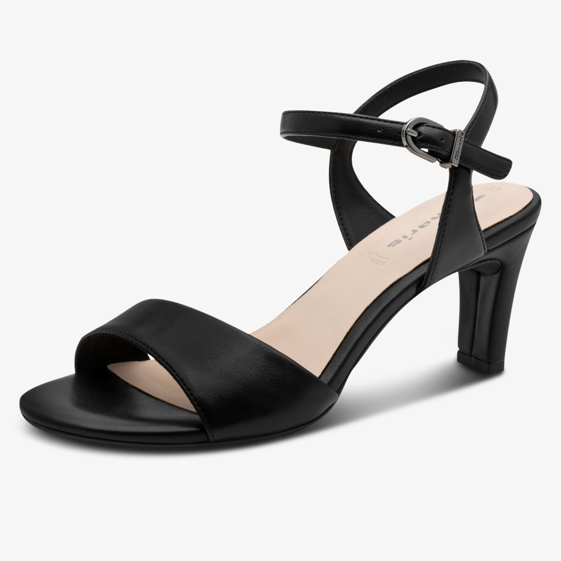 Eleganter schwarzer Absatzsandale mit verstellbarem Riemen und offenem Zehenbereich, ideal für elegante Anlässe