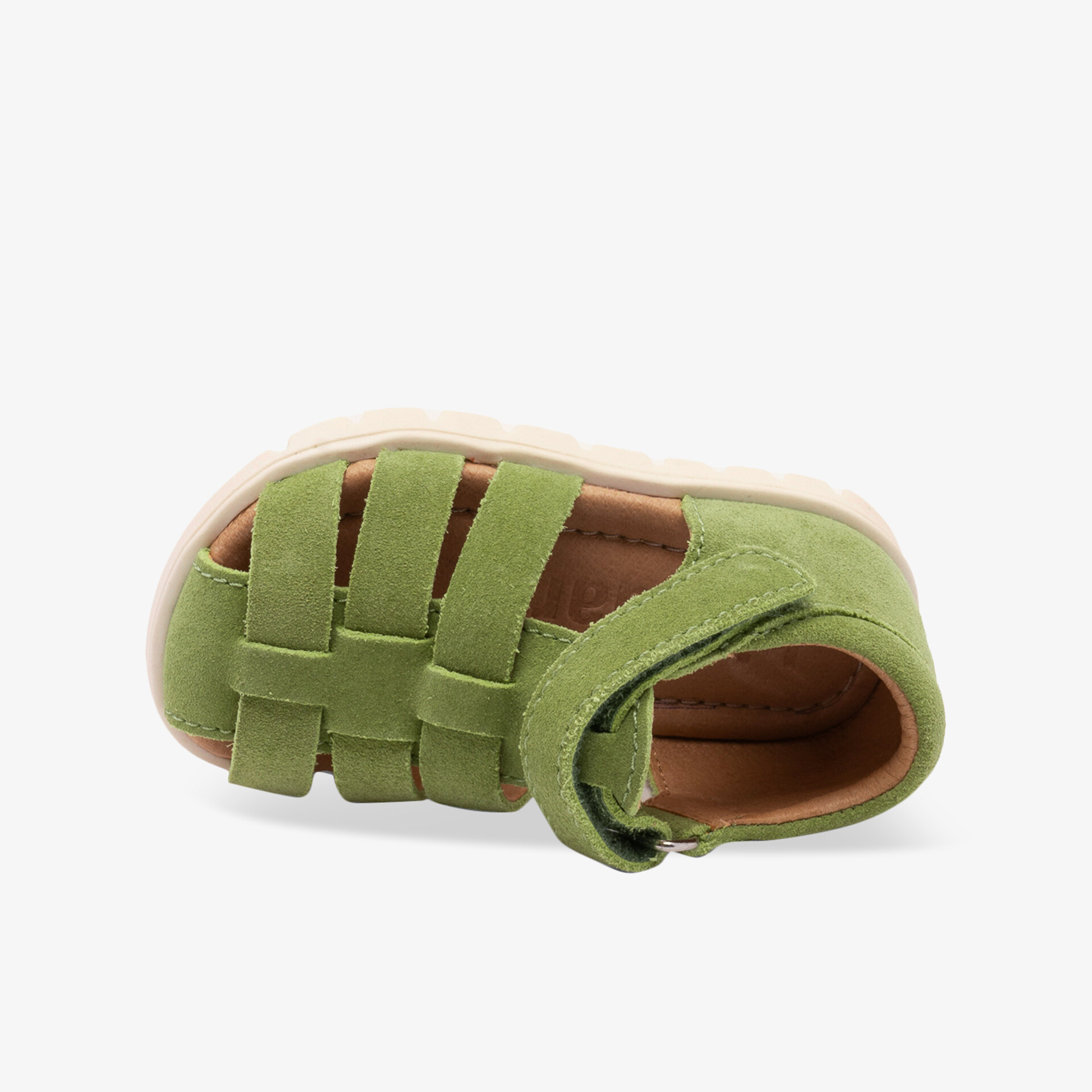 Weicher grüner Kinderschuh in Draufsicht, flexibel, atmungsaktiv und bequem mit gepolsterter Innensohle