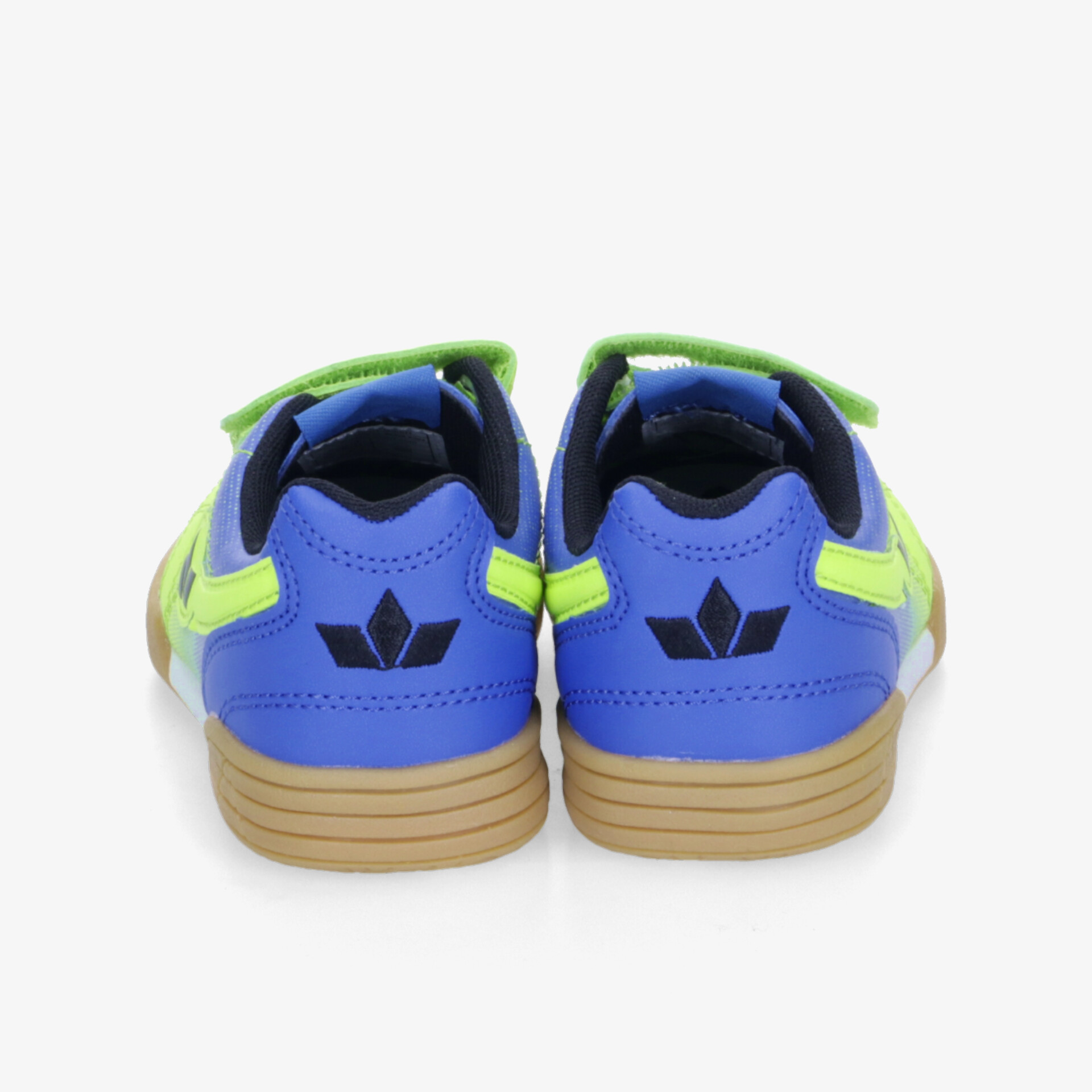 Rückansicht von robustem Sportschuh mit gepolstertem Schaft und rutschfester Sohle in Blau und Gelb