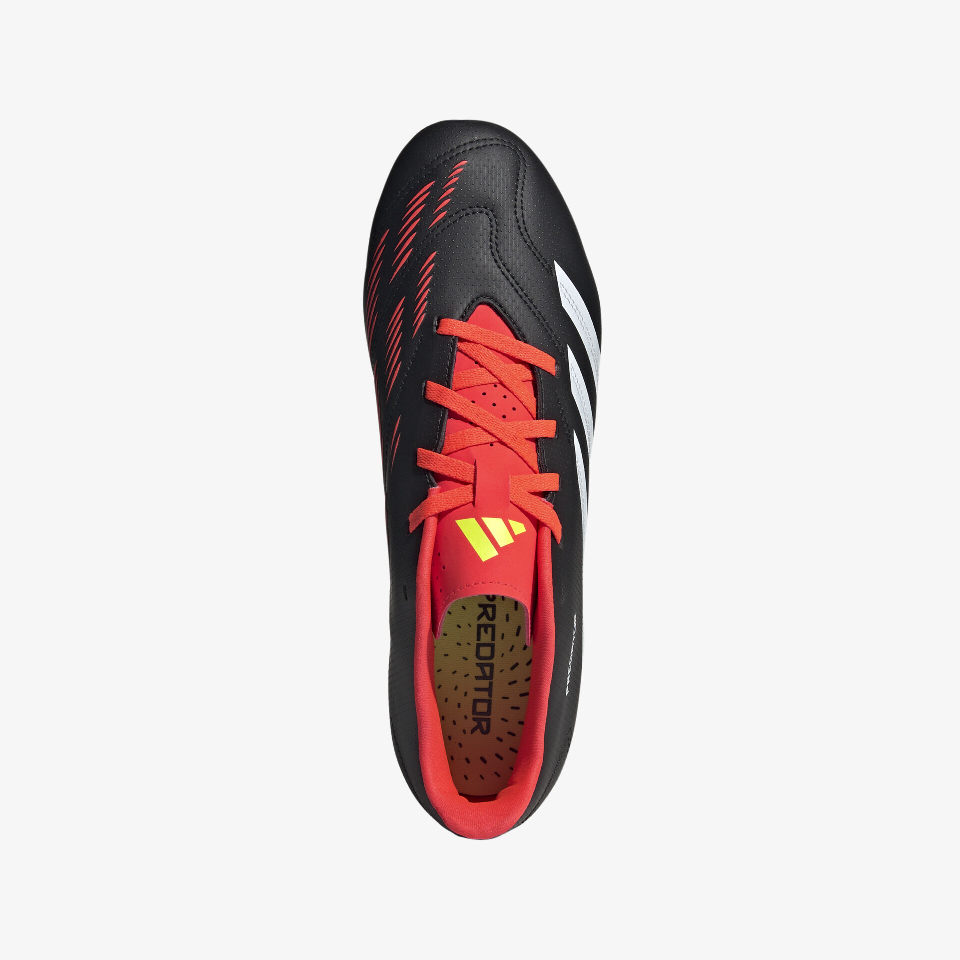 Schwarzer Sportschuh mit roten Schnürsenkeln in moderner, leichter und komfortabler Ausführung von oben sichtbar