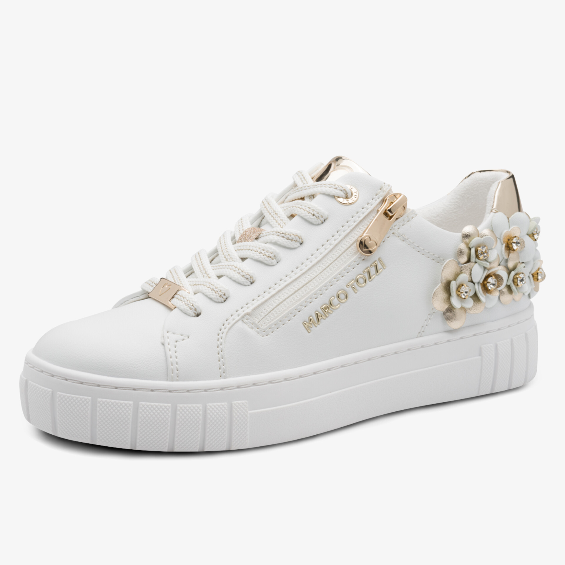 Weißer Sneaker mit dekorativen Blumen, seitlichem Reißverschluss und trendiger dicker Sohle