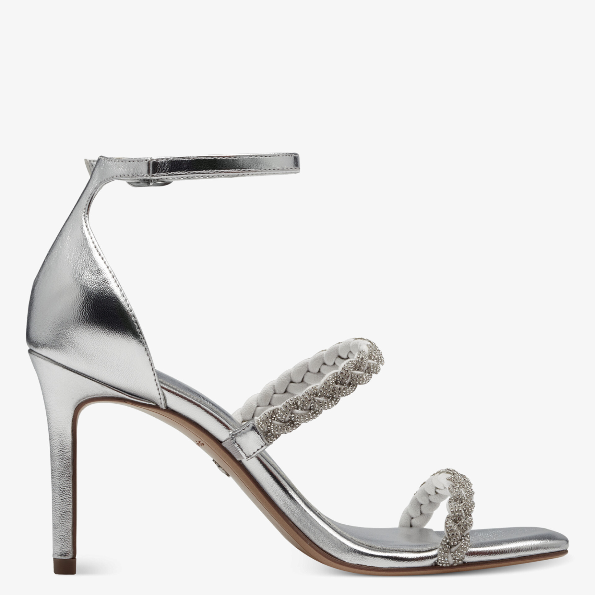 Elegante silberne High Heel Riemensandale mit schmalem Absatz und raffinierter Schnalle, modern und stilvoll