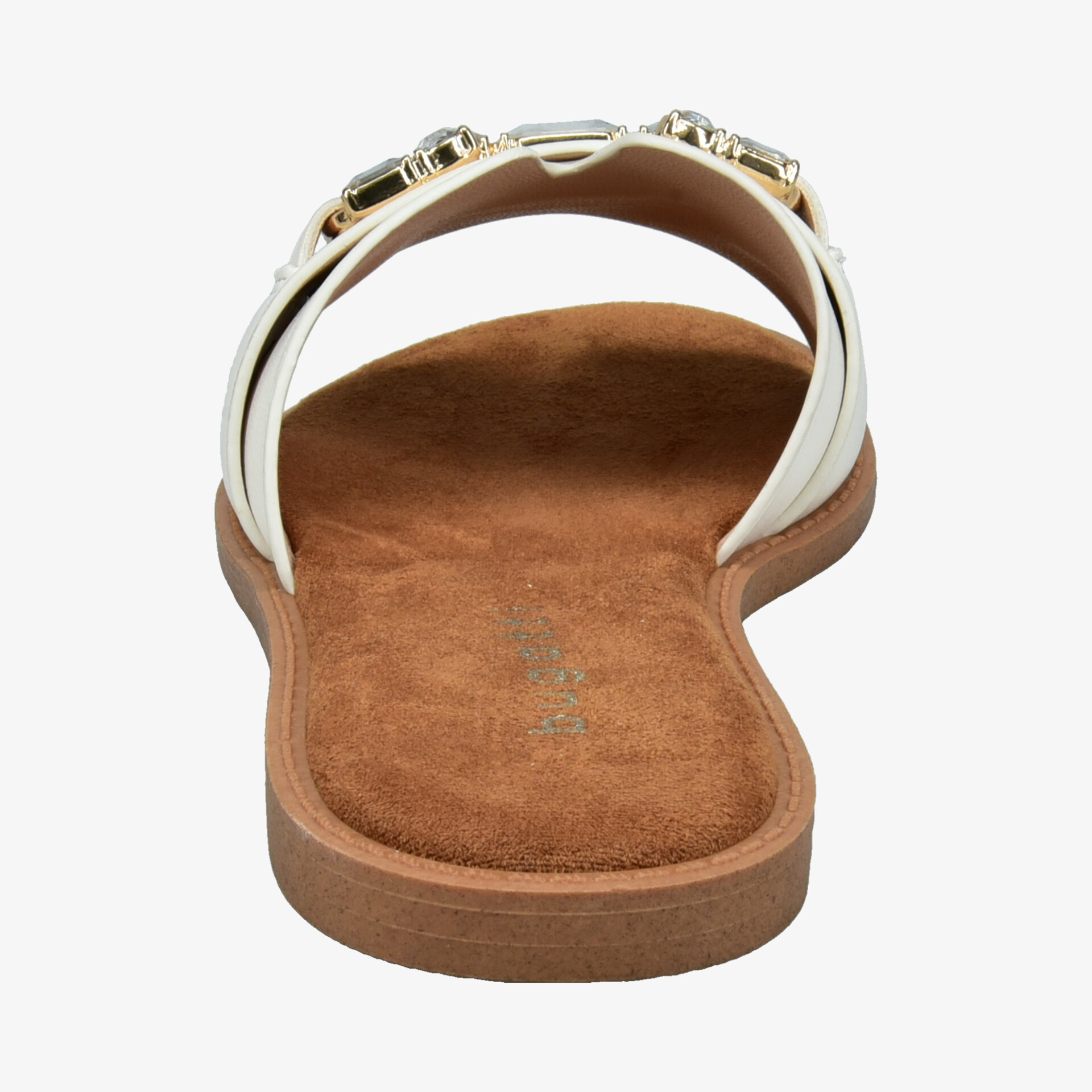 Sandale mit weichem braunem Fußbett und weißen Riemen mit Schmuckakzenten aus Rückansicht