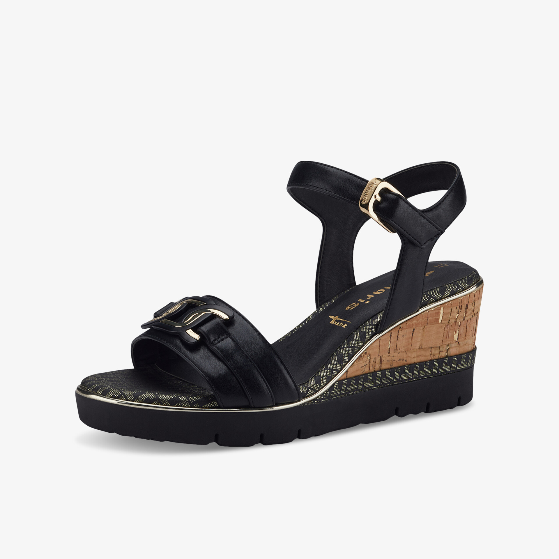 Schwarze Keilsandalette mit verstellbarem Riemen und elegantem Zierdetail auf bequemem Keilabsatz