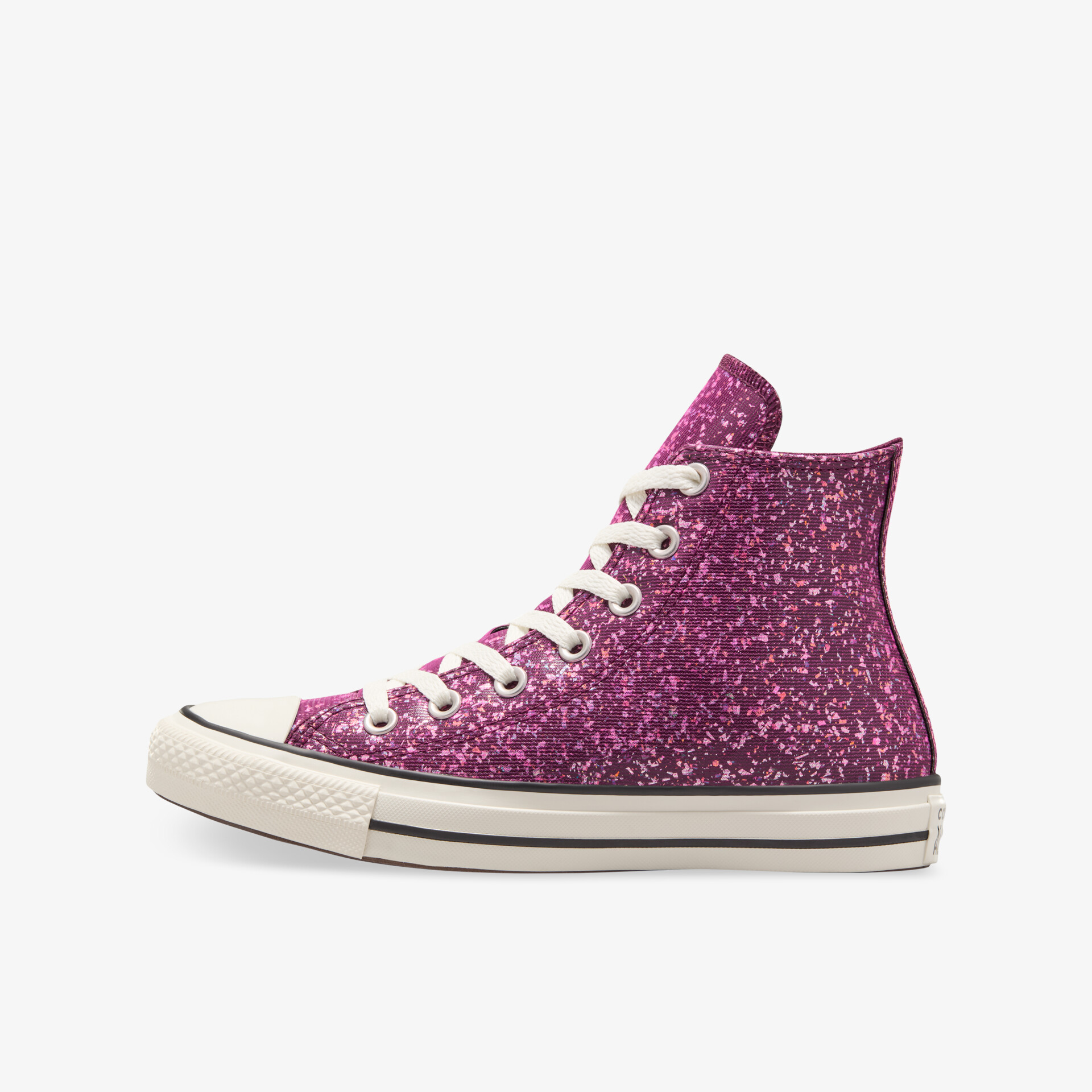 Seitliche Ansicht eines glitzernden pinkfarbenen High-Top-Sneakers mit weißer Sohle und Schnürsenkeln