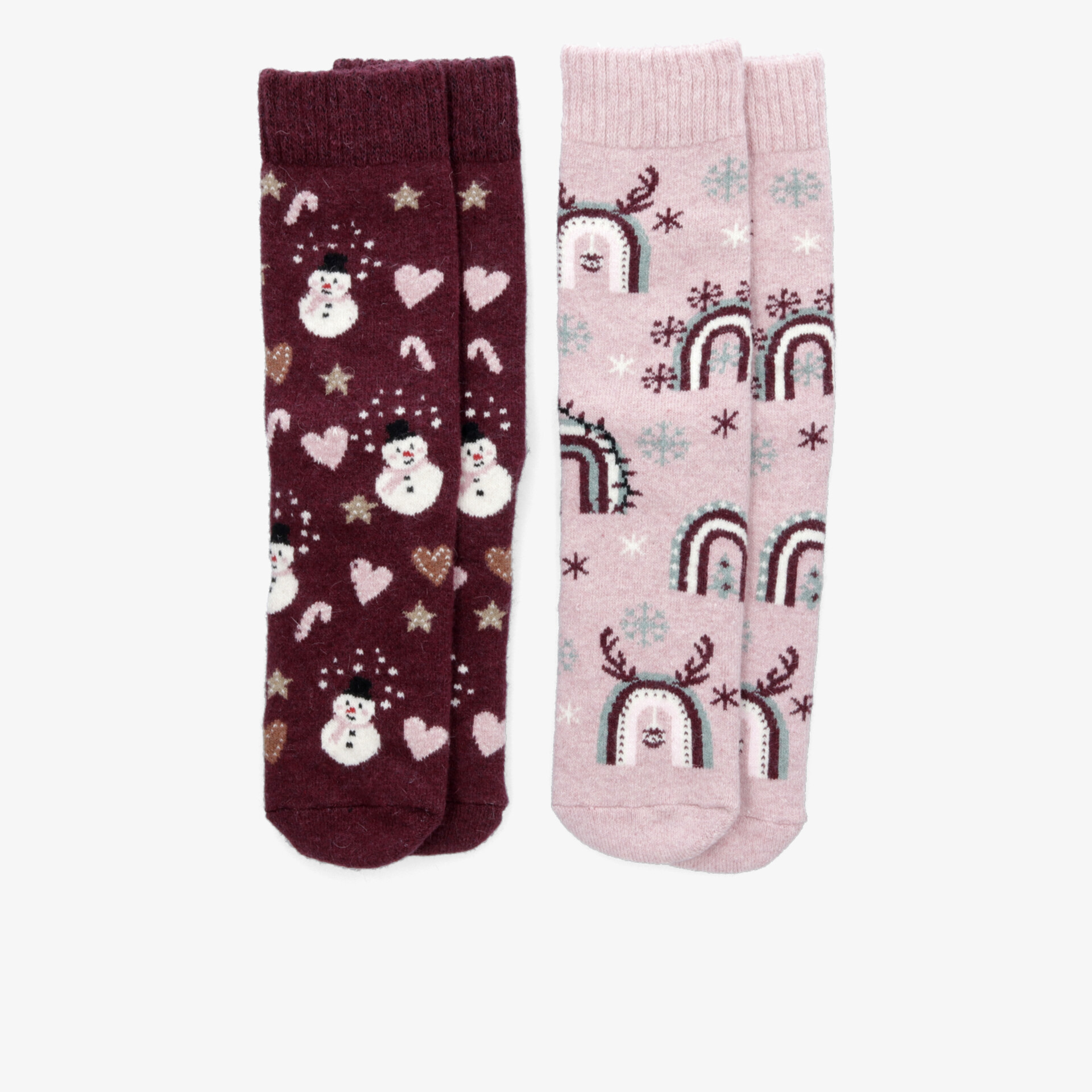 Weihnachtliche Stricksocken in Rot und Rosa mit Schneemännern, Rentier- und Herzmotiven, warm und komfortabel