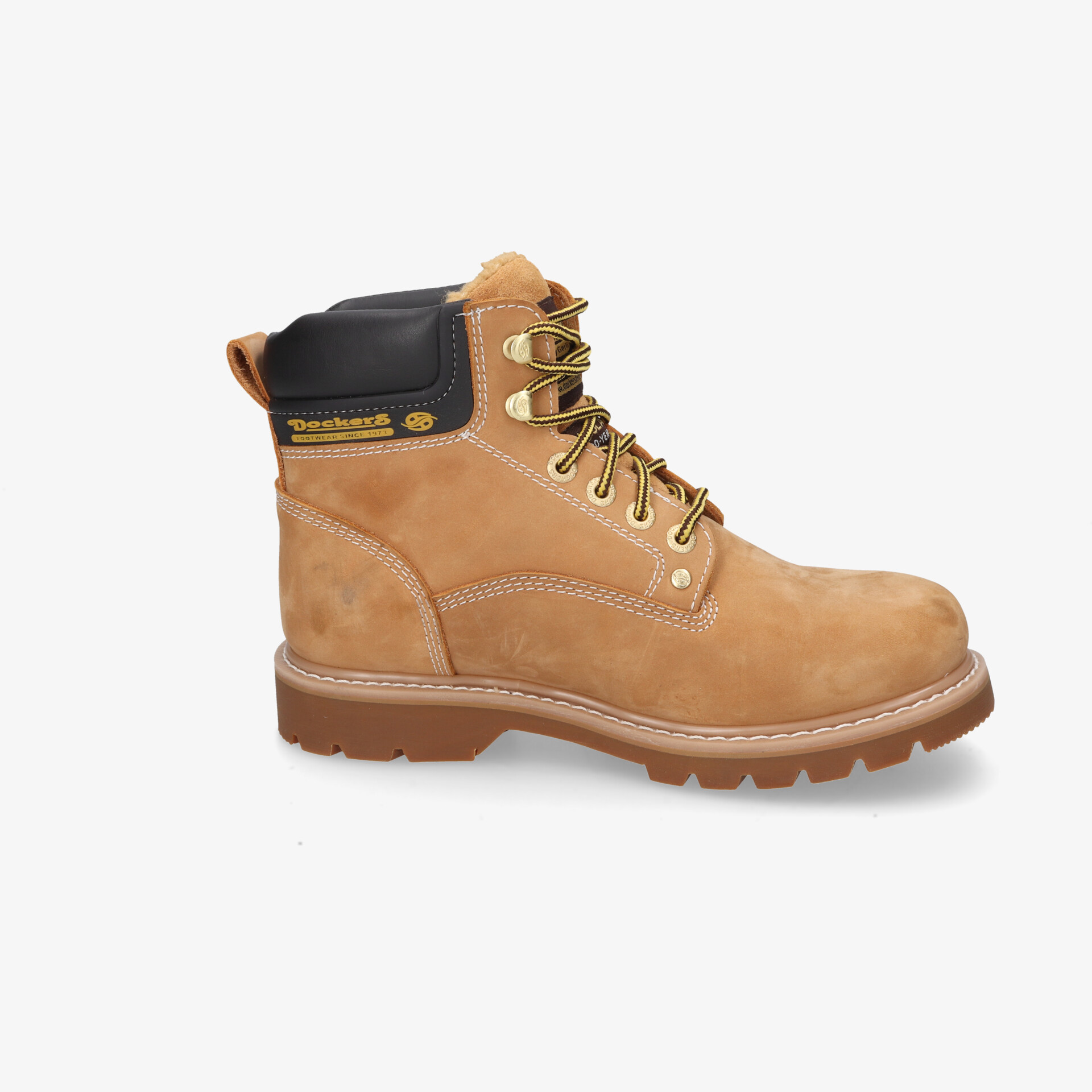 Robuster Arbeitsschuh mit profilreicher Sohle, bequemer Passform und wetterfestem Obermaterial, seitliche Ansicht