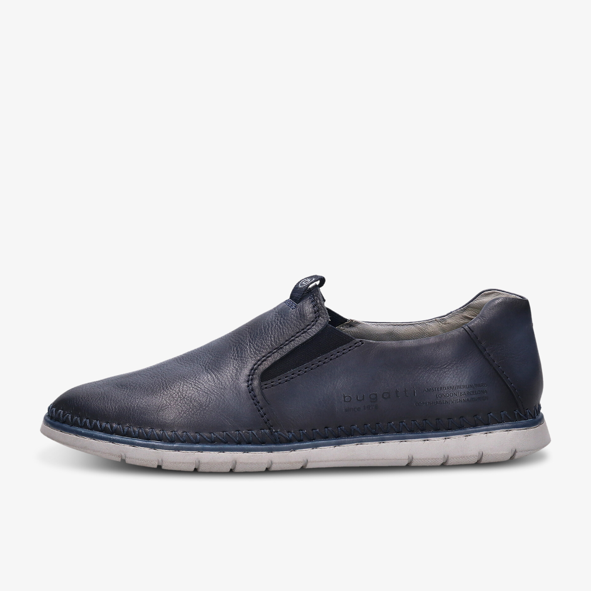 Bequemer blauer Slip-On-Schuh aus Leder mit flexibler Sohle, ideal für den täglichen Komfort.