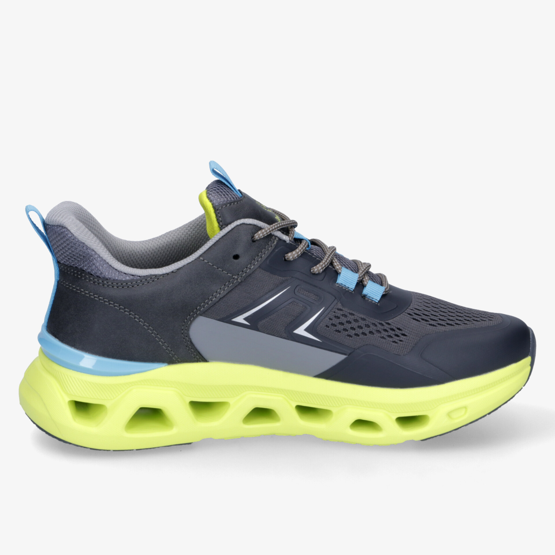 Moderner sportlicher Sneaker mit atmungsaktivem Material und leichter, flexibler Dämpfung in Blau und Neonfarben