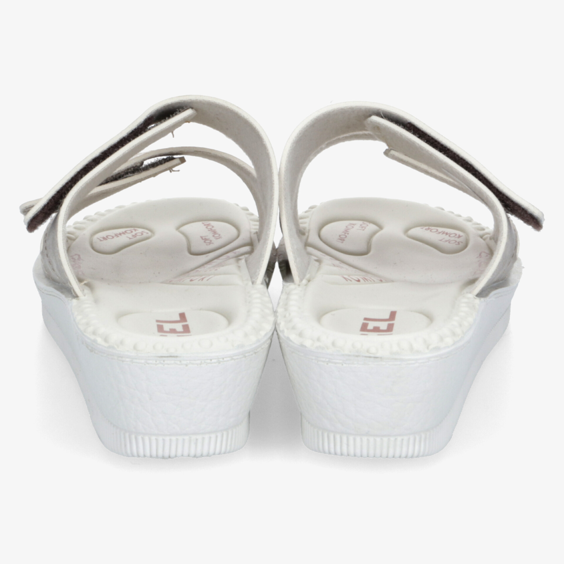 Weiße Sandalen mit verstellbaren Riemen und gepolsterter Innensohle, stabiler Absatz und rutschfeste Sohle, Rückansicht