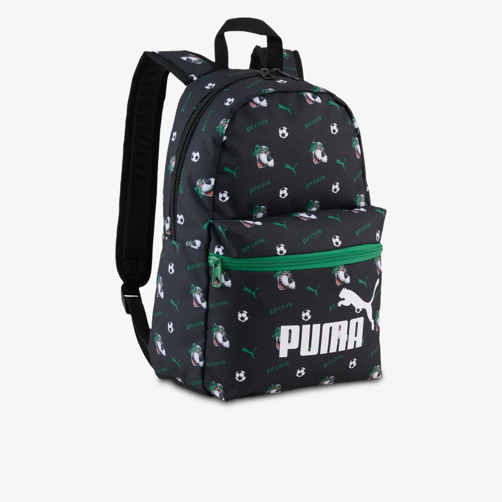 Moderner Puma Rucksack mit großem Hauptfach, bequem gepolsterten Schulterriemen und grünem Reißverschluss vorne