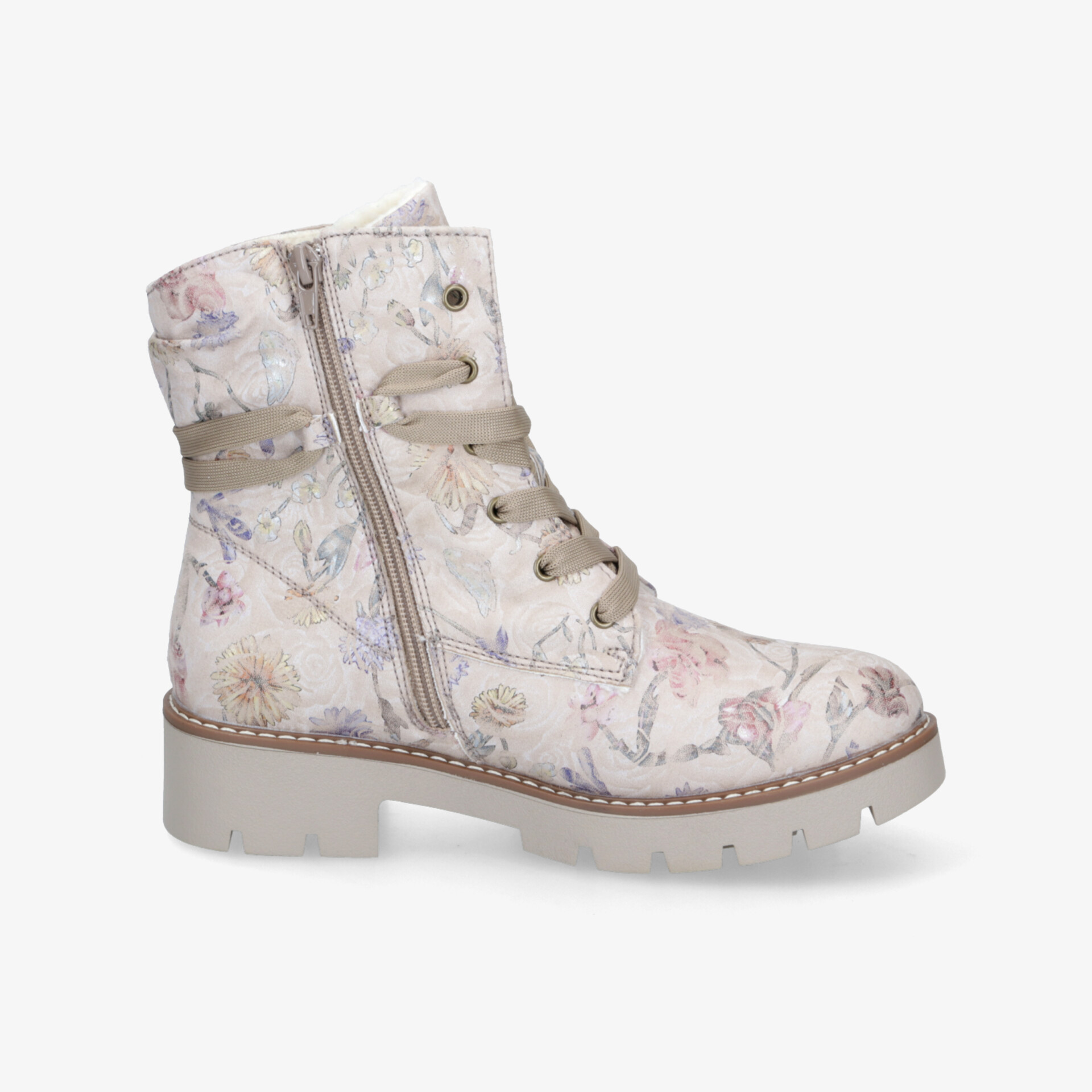 Robuster bequemer Stiefel mit Blumenmuster, seitlichem Reißverschluss, stabiler Sohle und praktischer Schnürung