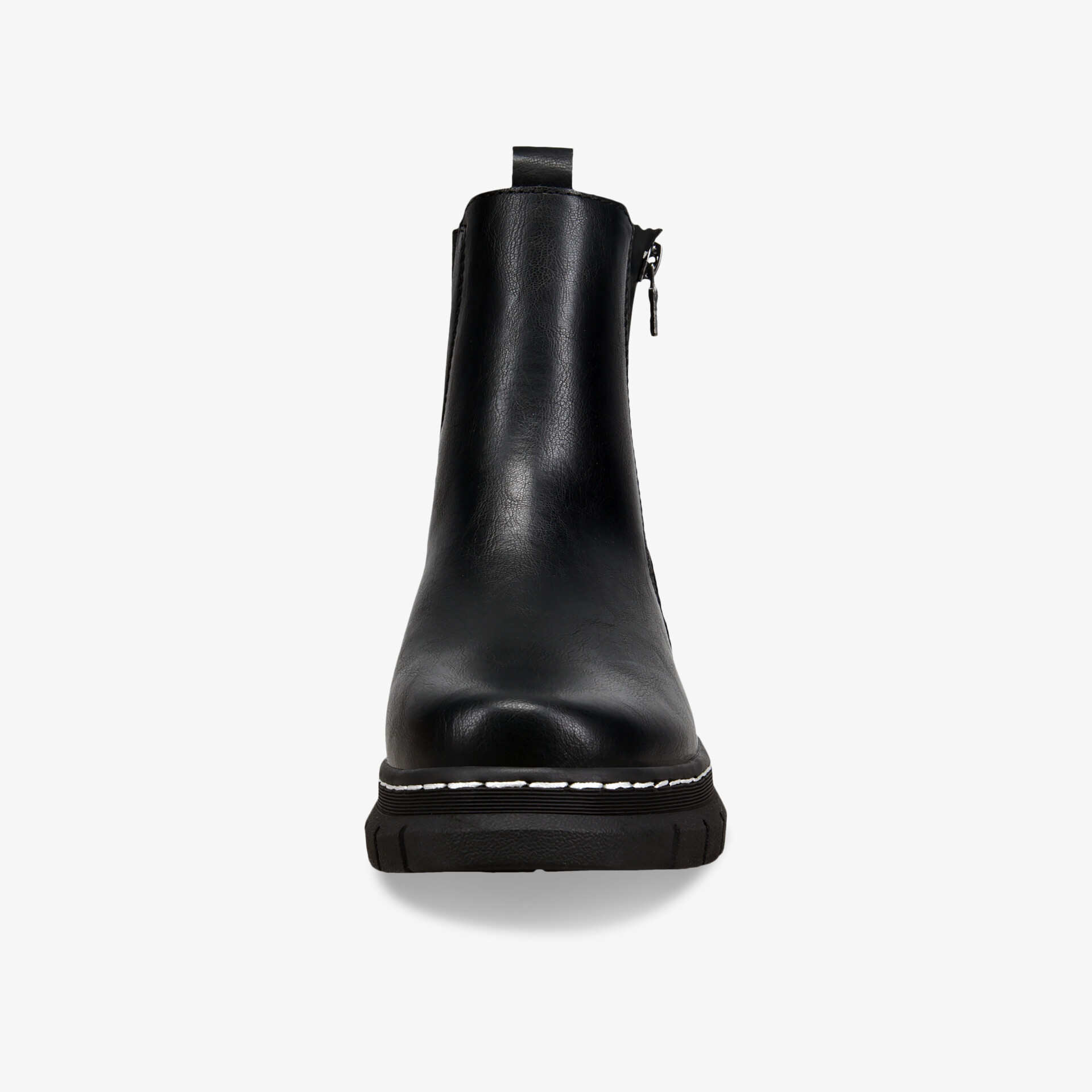 Schwarzer robuster Stiefel mit Reißverschluss und dicker Sohle, Frontansicht, komfortables und langlebiges Design