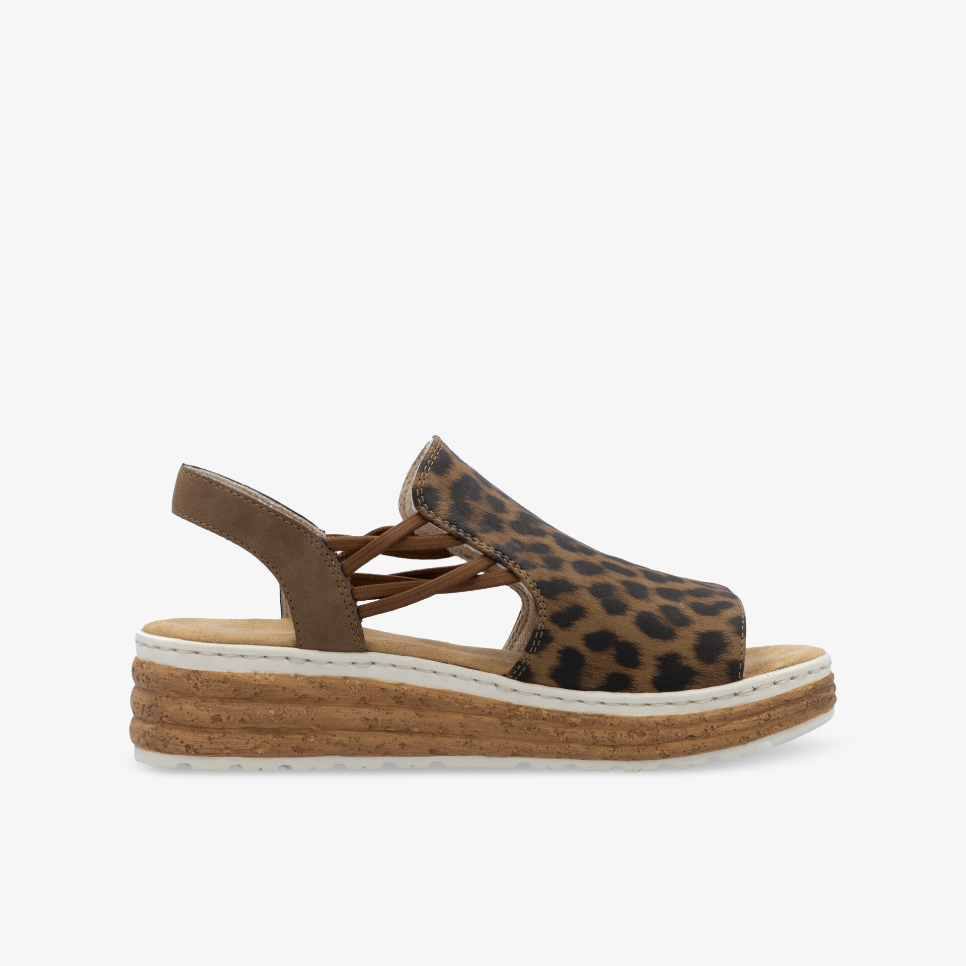 Seitliche Ansicht einer modischen Sandale mit Leopardenmuster und Plateau-Sohle, bequemer Verschluss