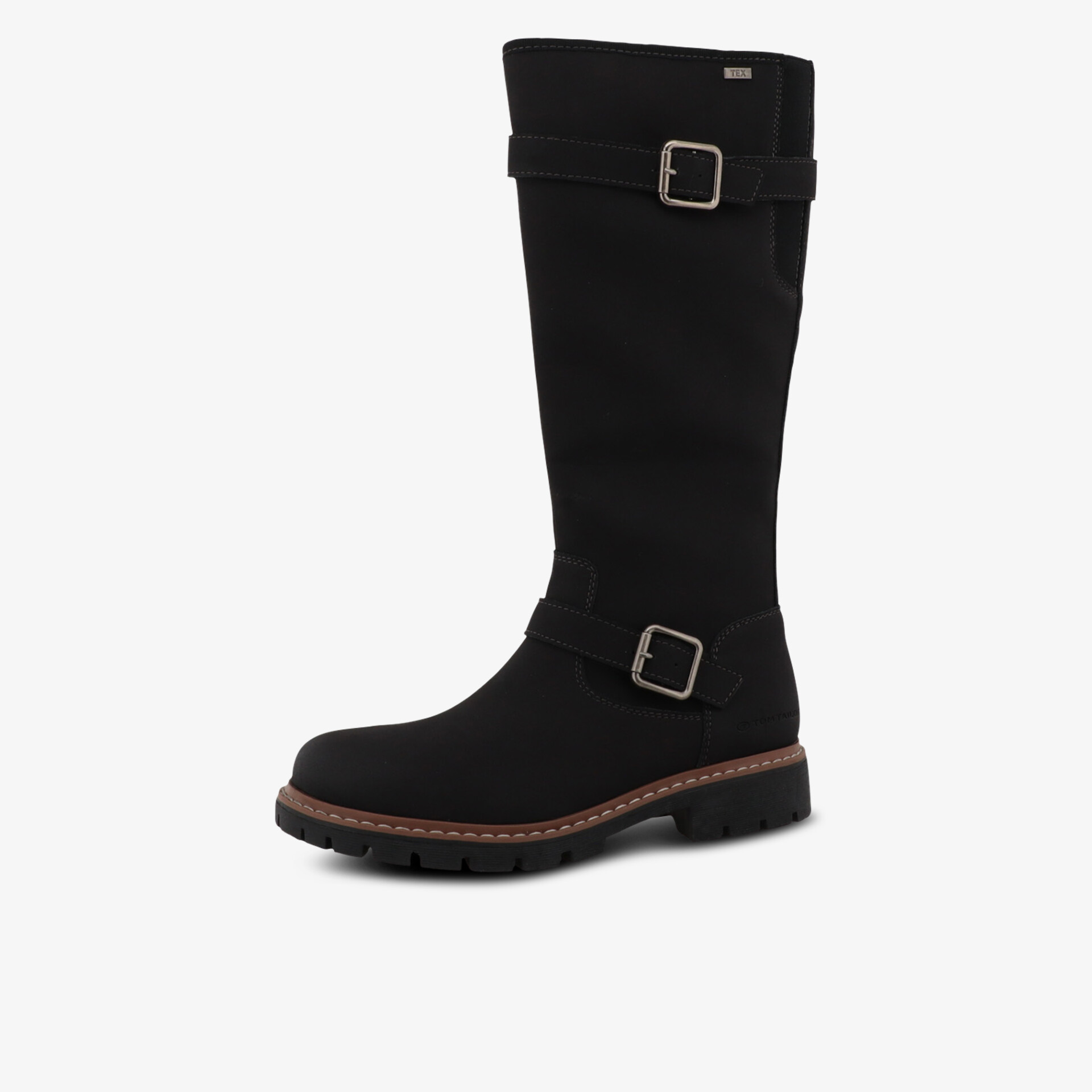 Schwarzer hoher Stiefel mit zwei Schnallen, robuster Absatz und elegantem Design