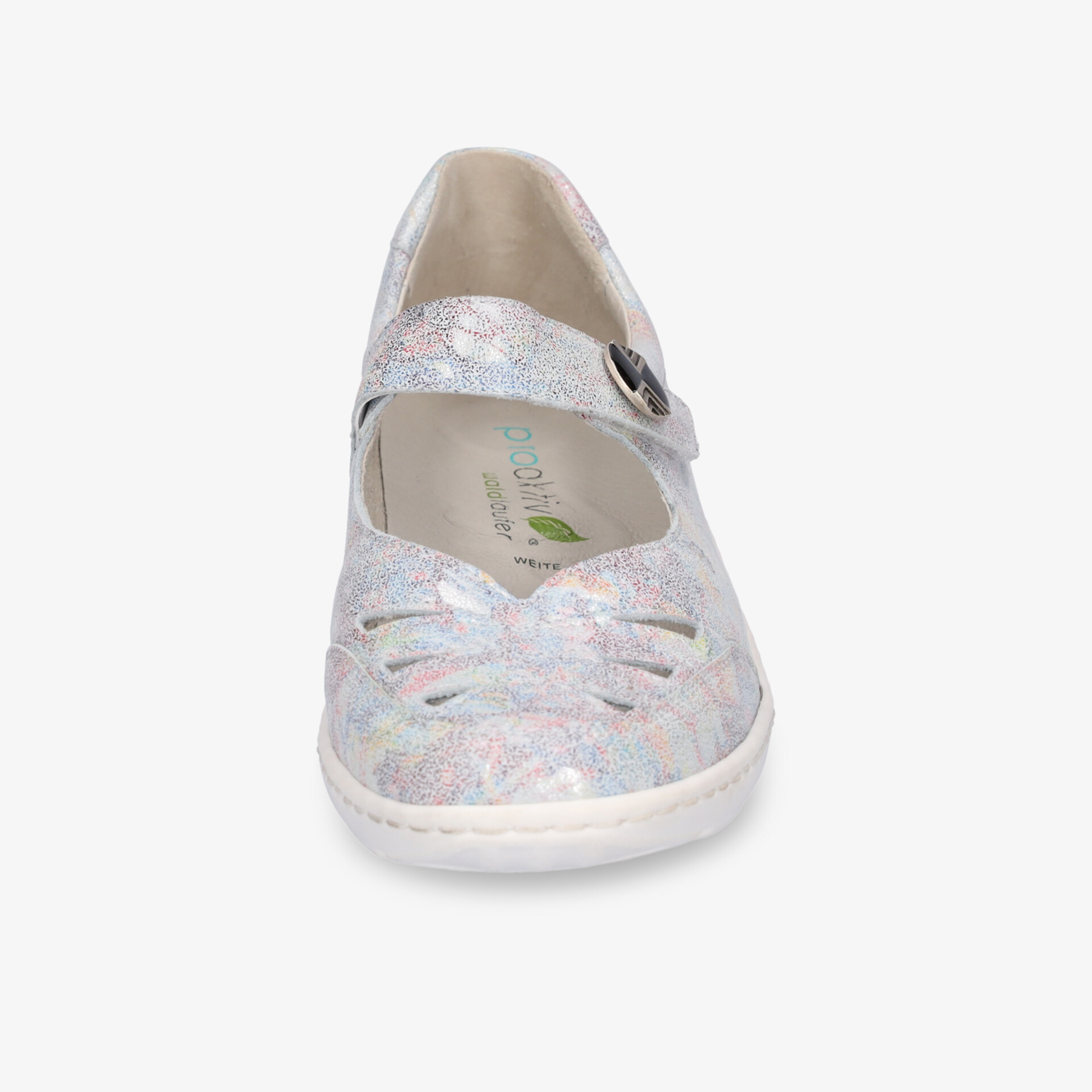 Leichter atmungsaktiver sportlicher Schuh mit verstellbarem Riemen und flexiblem Sohlenprofil, Frontansicht