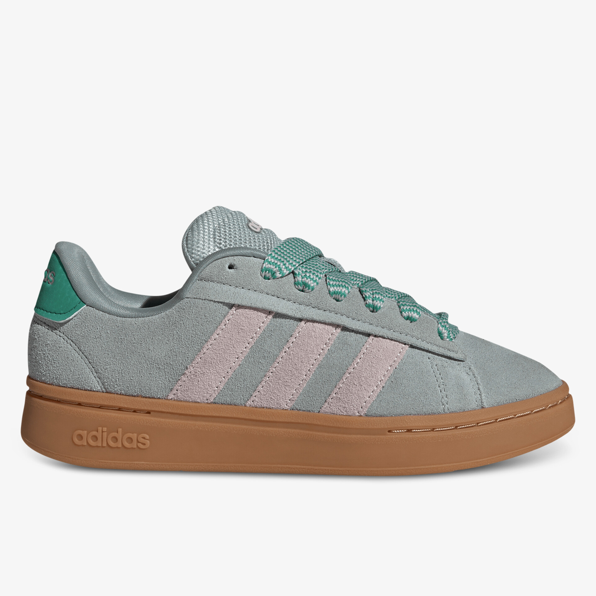 Seitliche Ansicht eines grauen Sneaker mit Veloursleder und brauner Gummilaufsohle