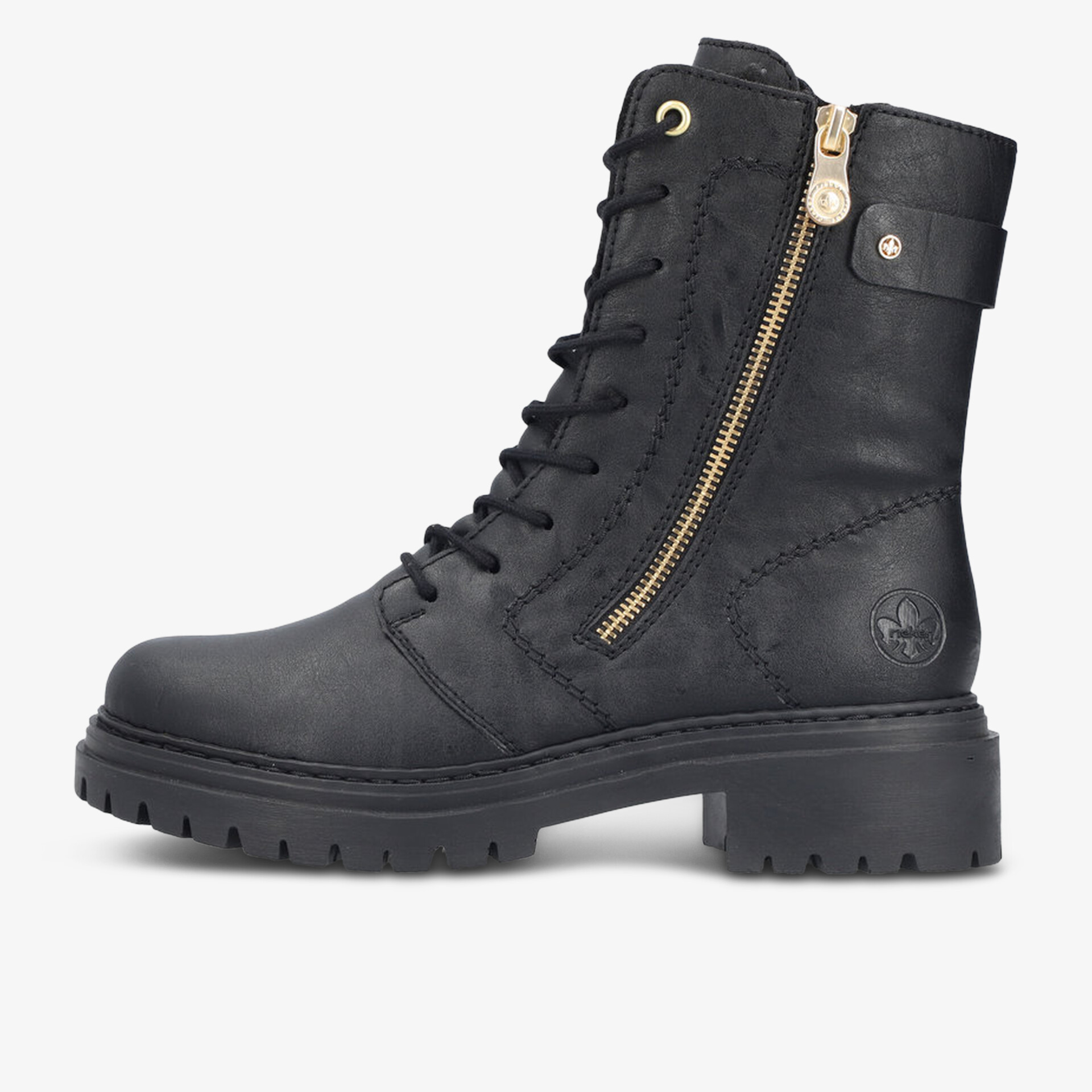 Robuster schwarzer Lederstiefel mit Reißverschluss, Schnürung und profilierter Sohle für optimalen Halt