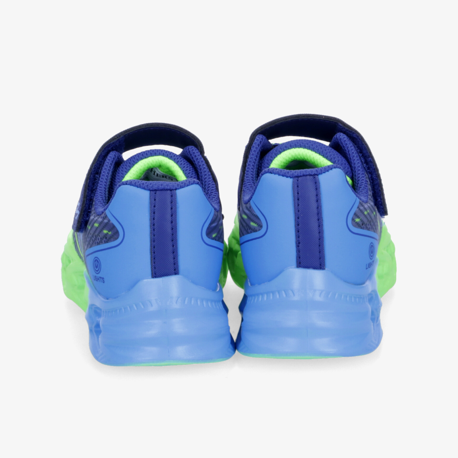 Leichte Sportschuhe in Blau und Grün mit stabiler Ferse und flexibler Sohle, perfekte Rückansicht