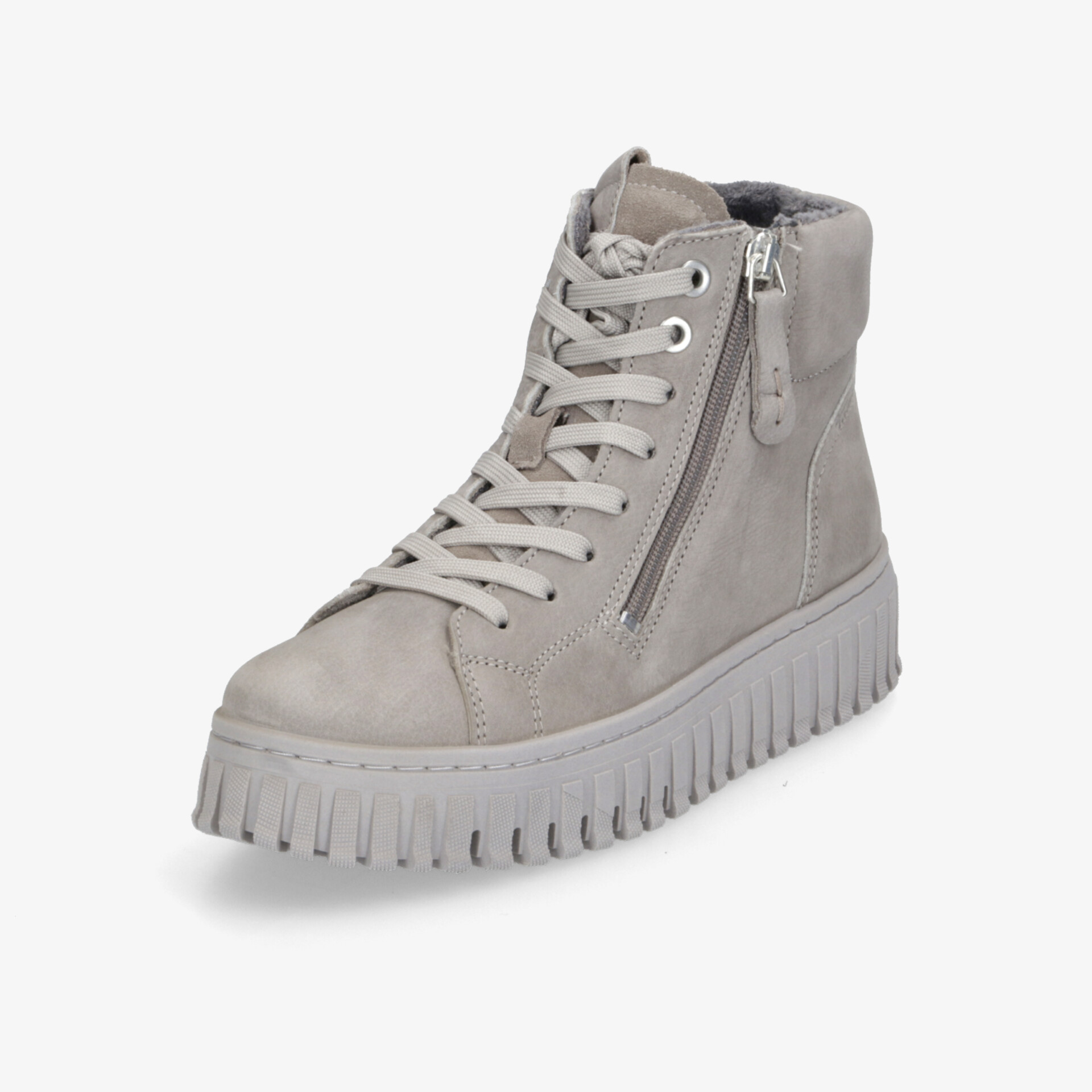 Grauer Sneaker mit Schnürung und seitlichem Reißverschluss, rutschfeste Sohle und modernem sportlichen Design.