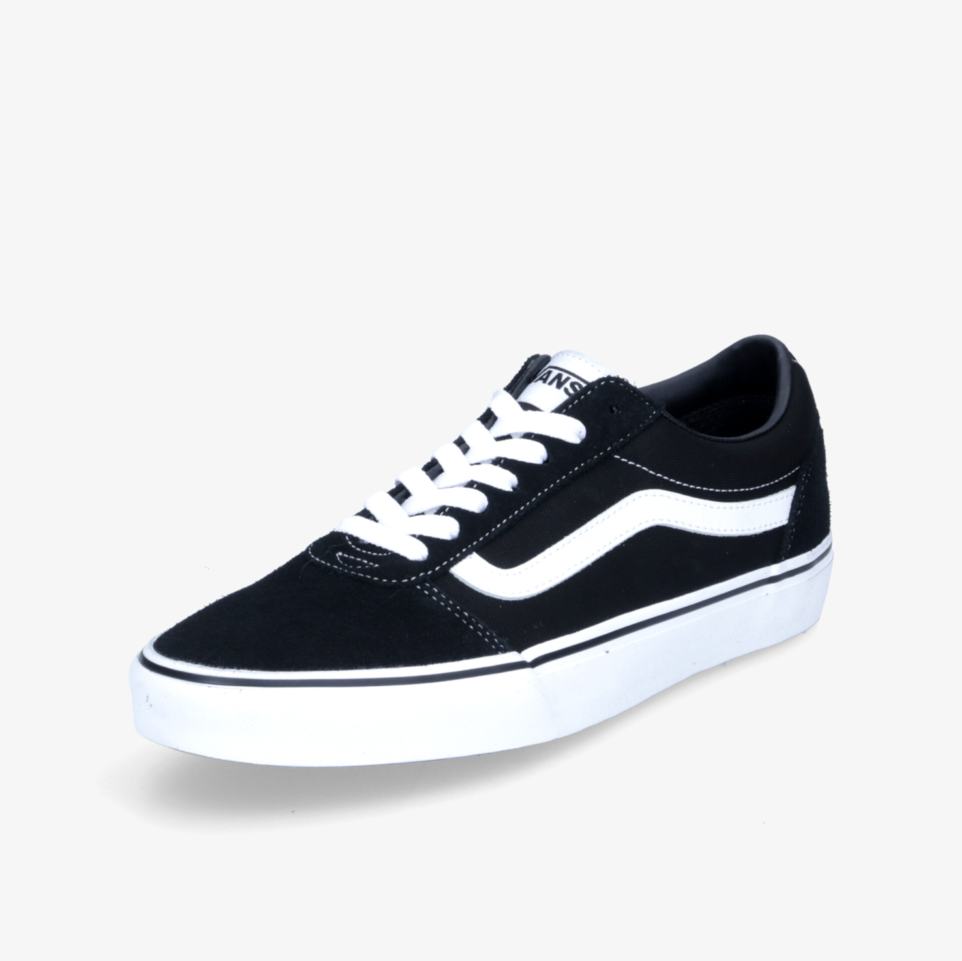 Klassischer schwarzer Sneaker mit weißer Sohle und Seitendesign. Ideal für Alltag und Freizeit.