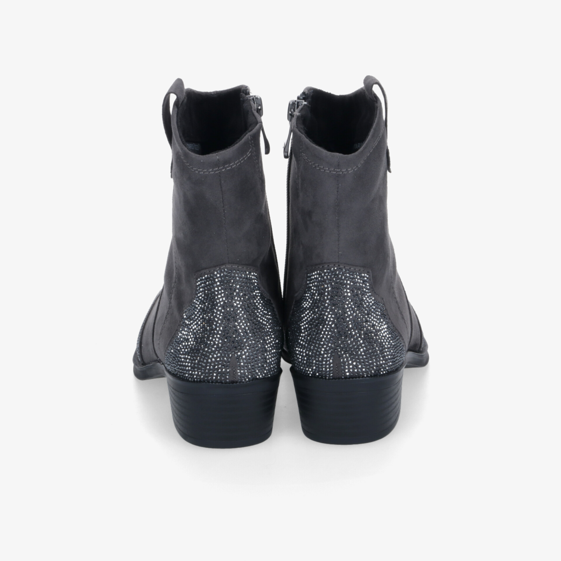 Halbhohe Stiefelette aus Leder mit Reißverschluss und dekorativem Absatz, elegante Rückansicht