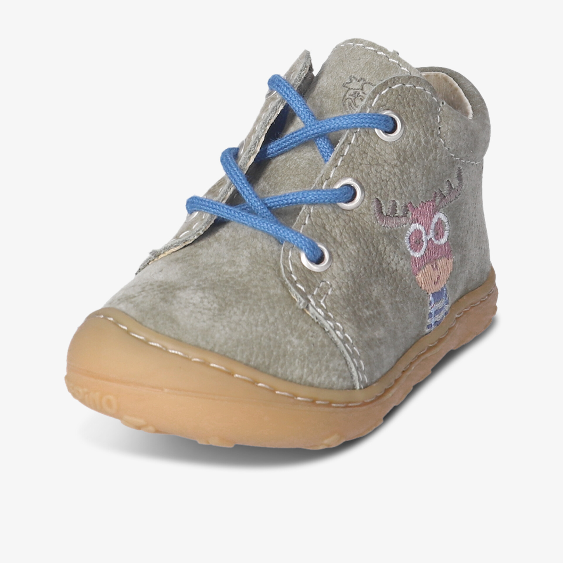 Stylischer Kinderschuh mit blauen Schnürsenkeln und rutschfester Sohle für optimalen Komfort und Halt.