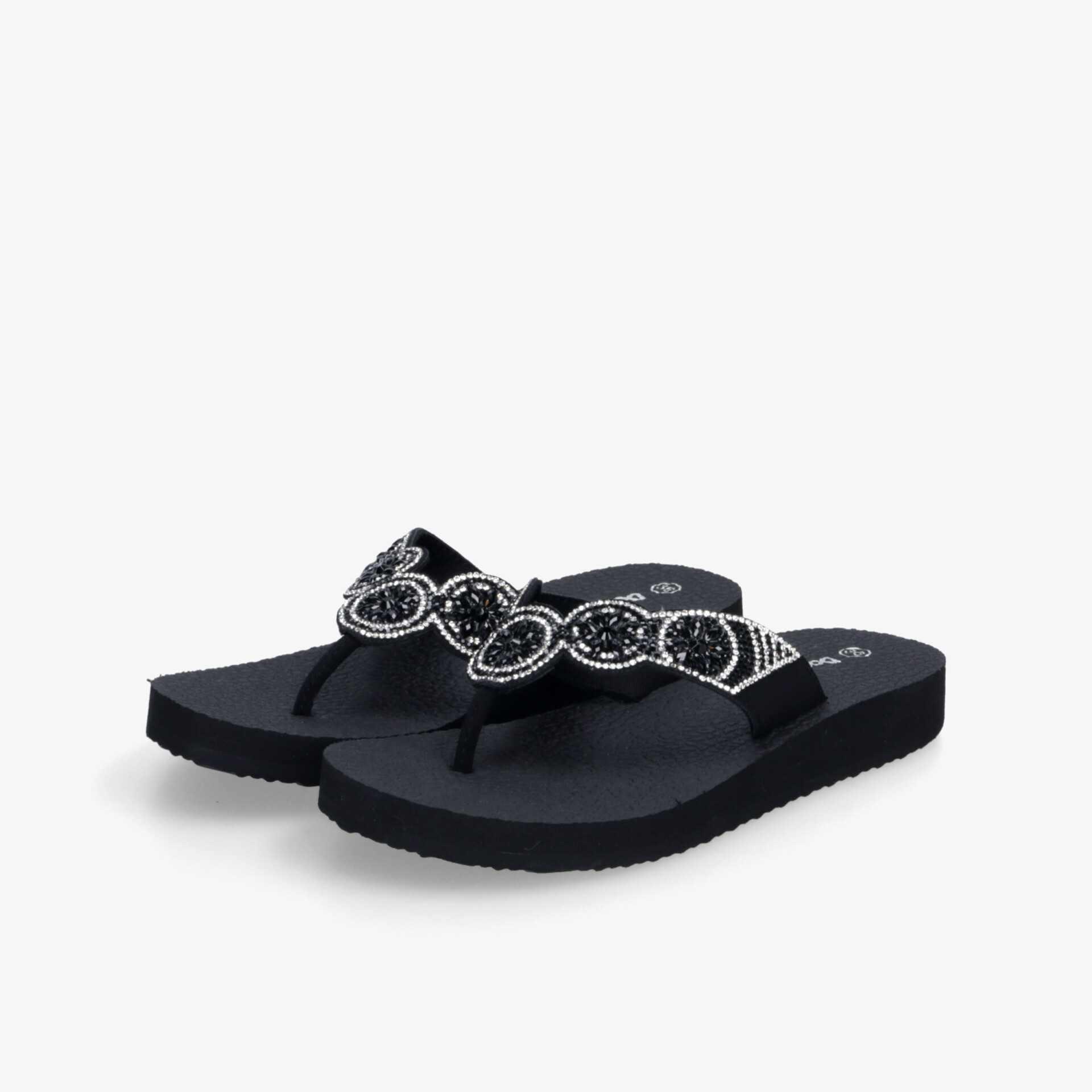Schwarze Flipflops mit funkelnder Strassverzierung, bequemer und rutschfester Sohle für sommerlichen Komfort