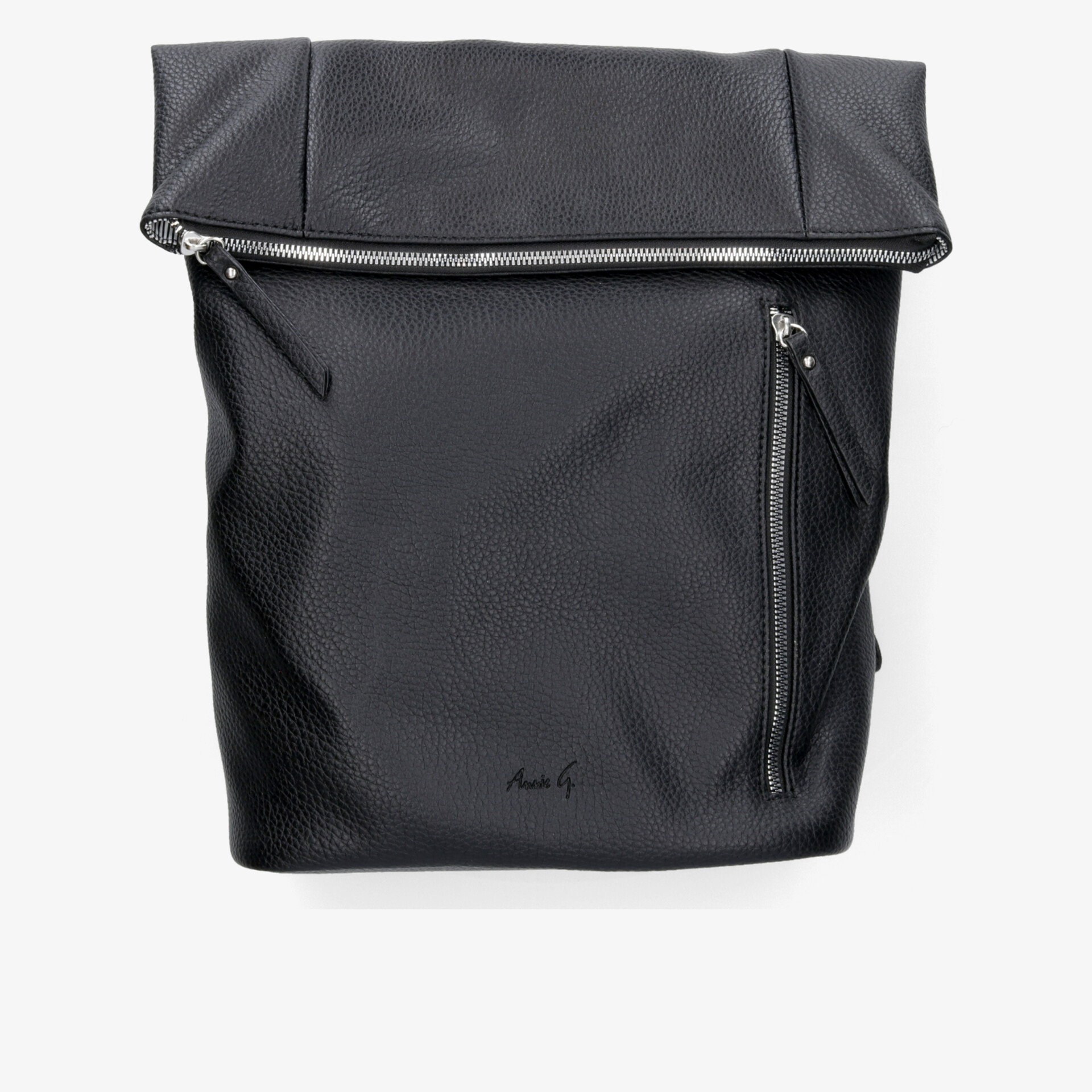 Moderner schwarzer Rucksack mit praktischen Reißverschlüssen und geräumigem Design, frontale Ansicht