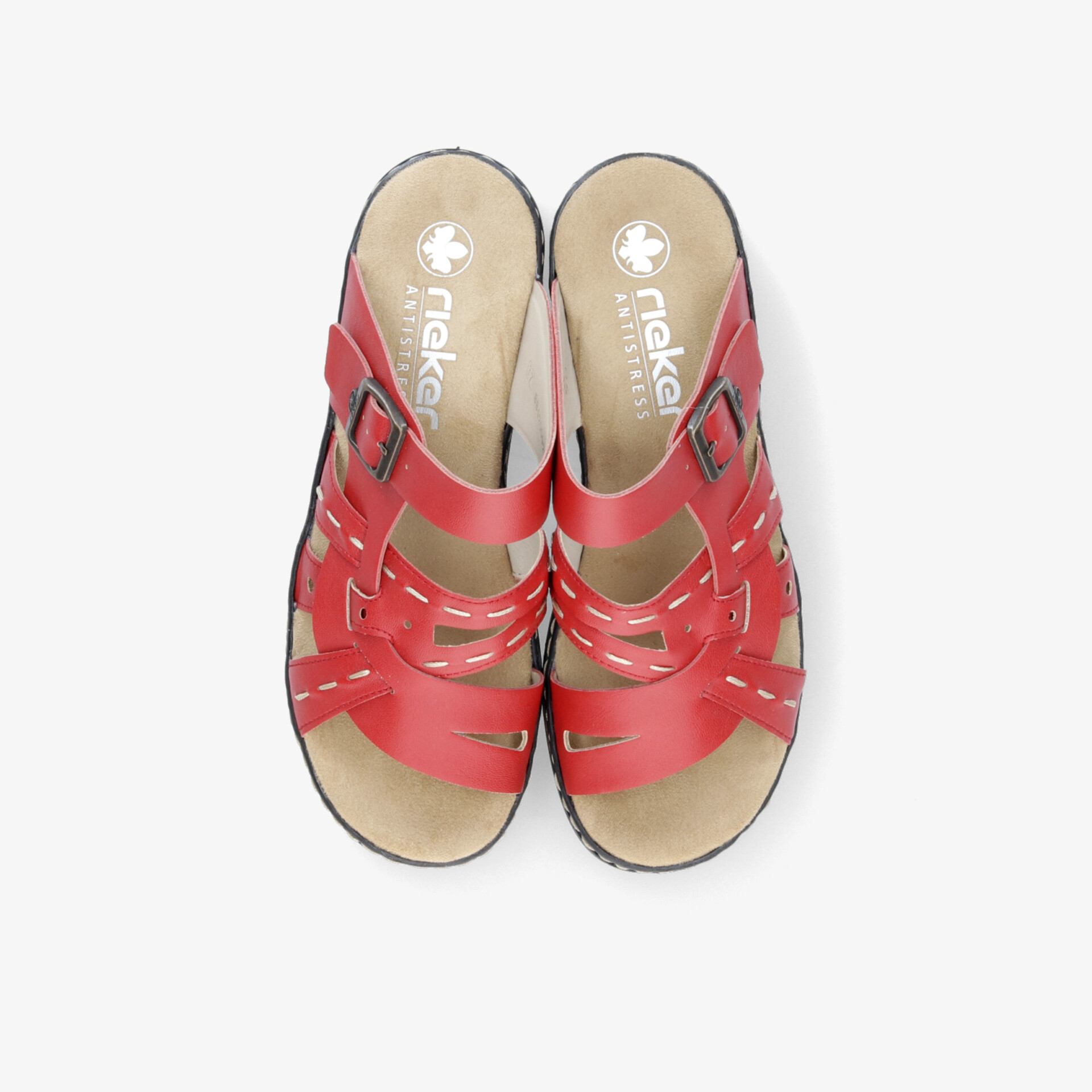 Rote Sandaletten mit verstellbarer Schnalle und weichem Fußbett, komfortabel und atmungsaktiv, Paar Draufsicht