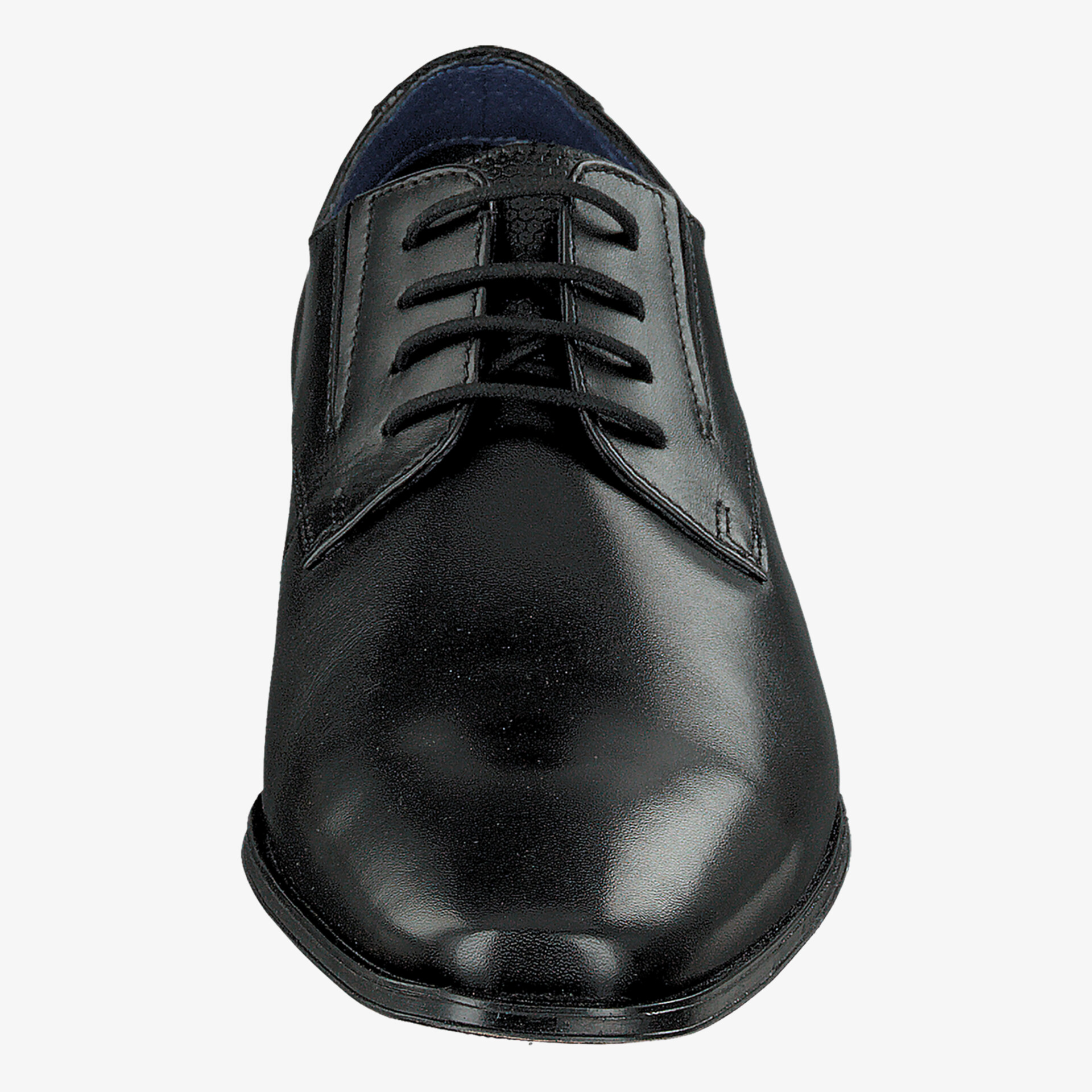 Eleganter schwarzer Lederschuh mit klassischem Design und feiner Schnürung, ideal für formelle Anlässe.