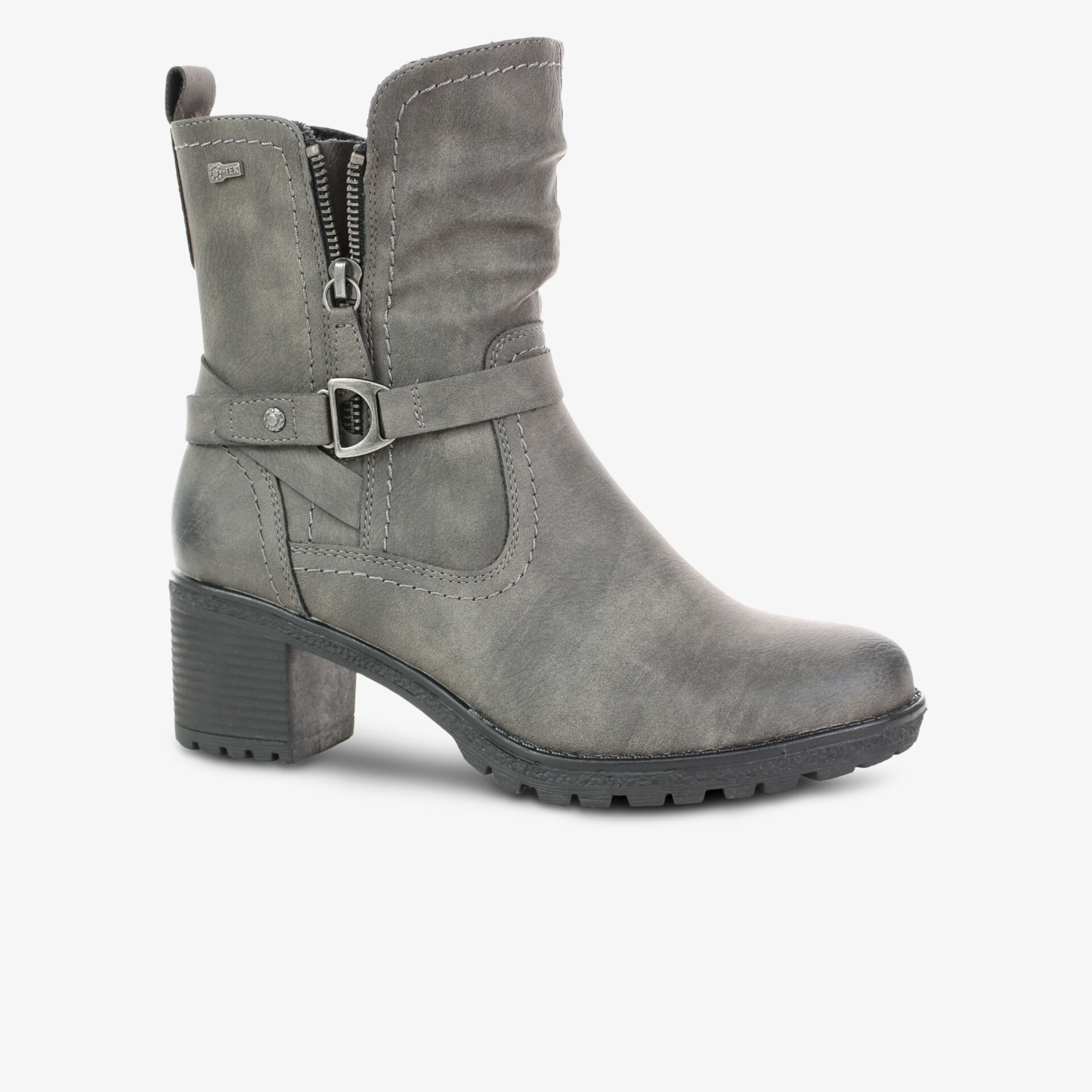 Grauer Stiefel mit mittlerem Absatz, seitlichem Reißverschluss und Schnalle, robuste Profilsohle für stabilen Halt