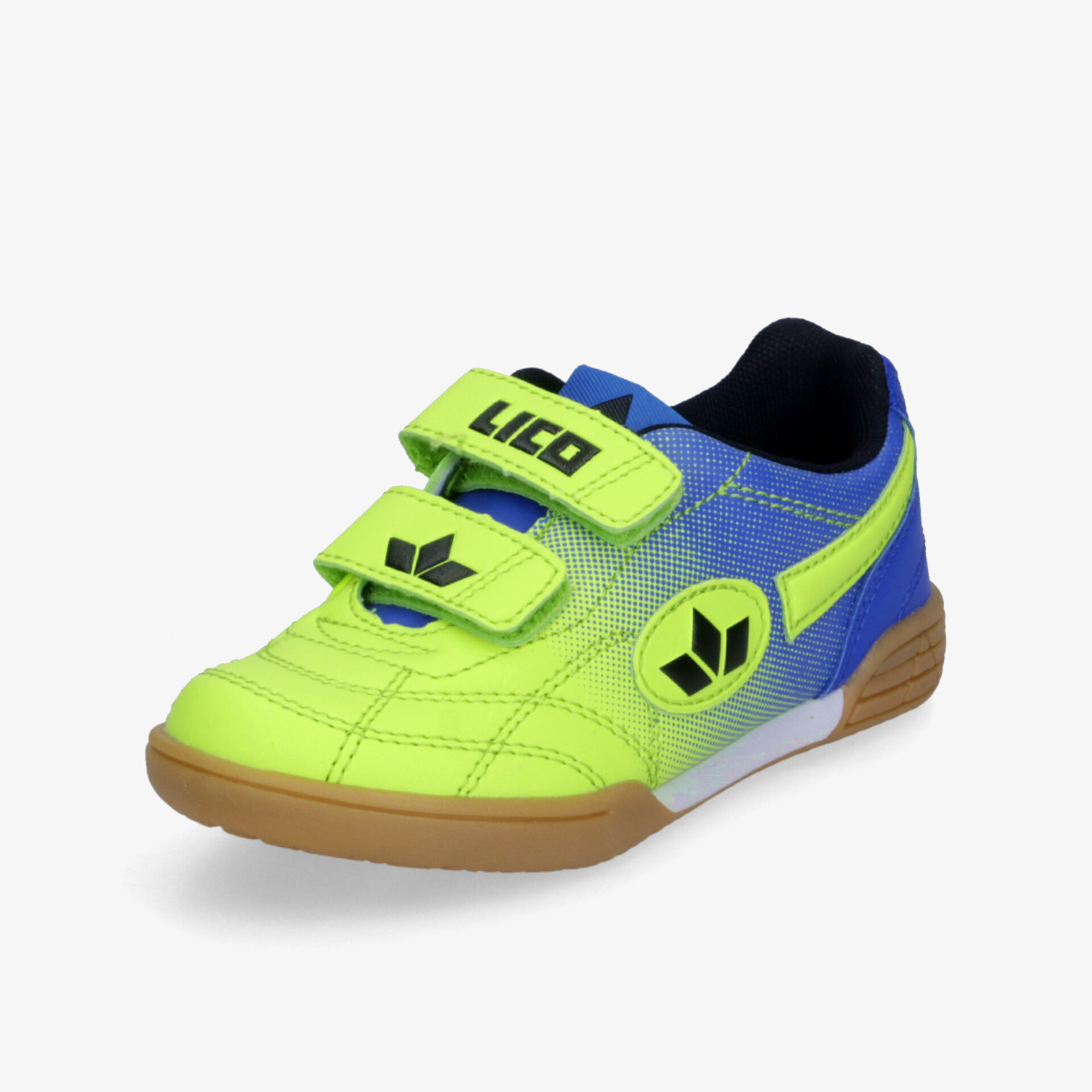 Sportlicher Neongrün-blauer Schuh mit robustem Klettverschluss, rutschfester Sohle und bequemer Polsterung