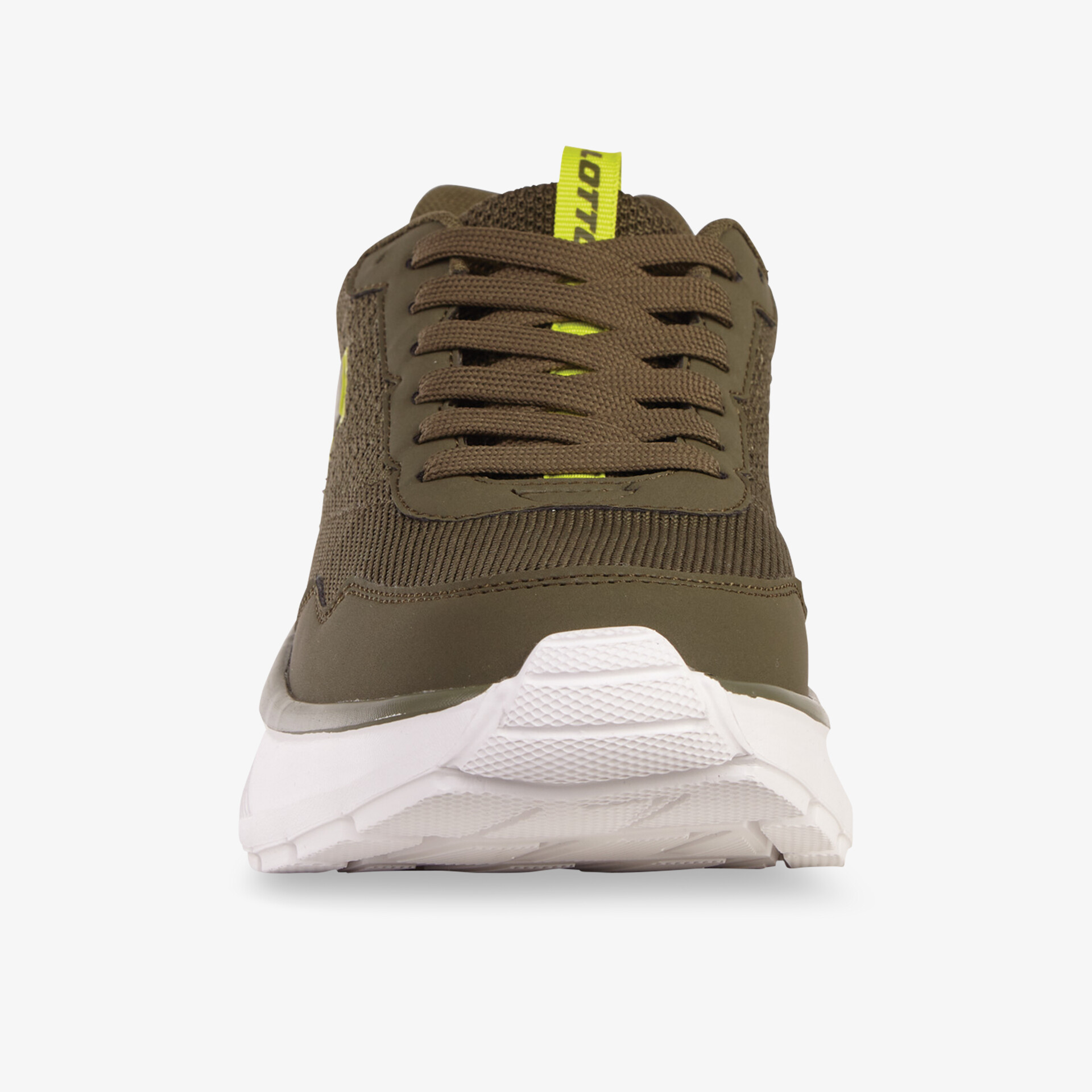 Moderner Sportschuh mit atmungsaktivem Material und robuster, gedämpfter weißer Sohle in Frontansicht