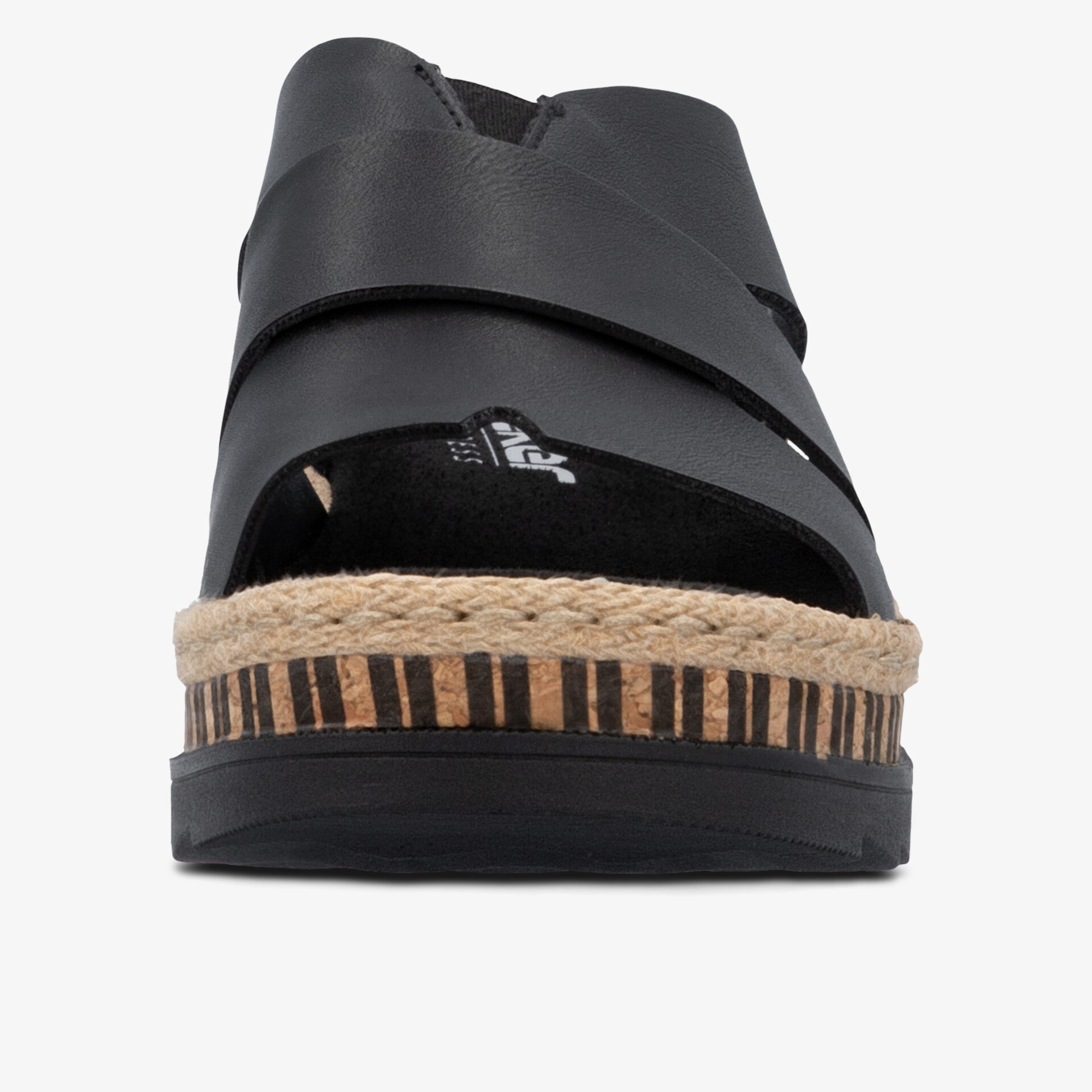 Bequeme schwarze Sandale mit geflochtener Sohle und breiten Riemen für sommerlichen Tragekomfort