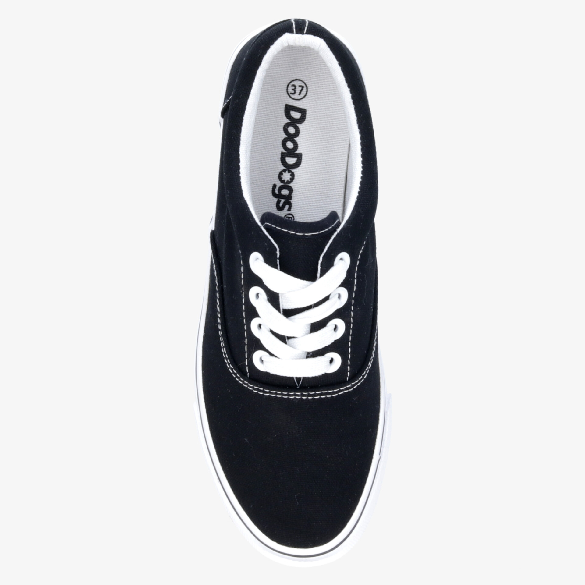 Schwarzer Canvas-Sneaker mit weißen Schnürsenkeln in Draufsicht, bequem und sportlich gestaltet, ideal für den Alltag